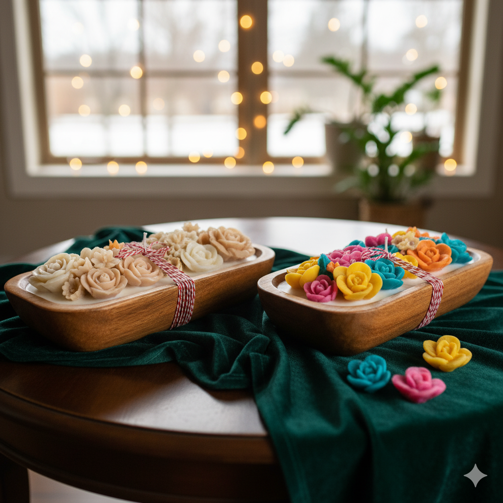Wooden Boat Scented Candles with Decorative Flower 