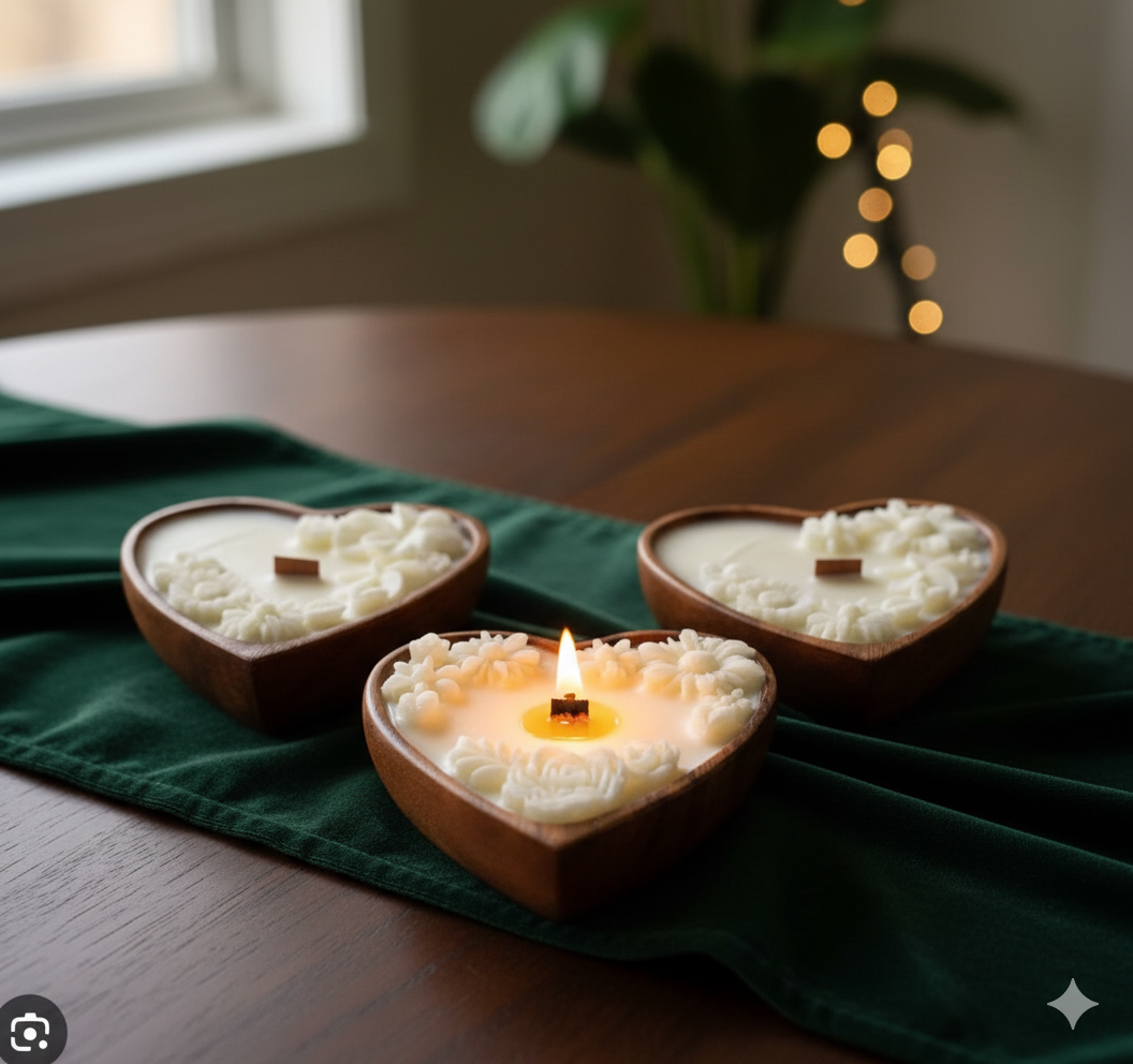 Wooden Heart Scented Candles with Daisies