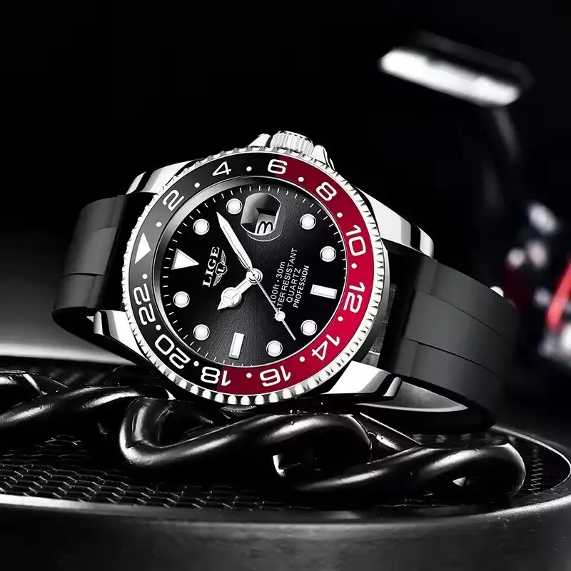 Чоловічий розкішний годинник омаж Rolex GMT-Master II чорний, з датою і cіліконовий ремінець