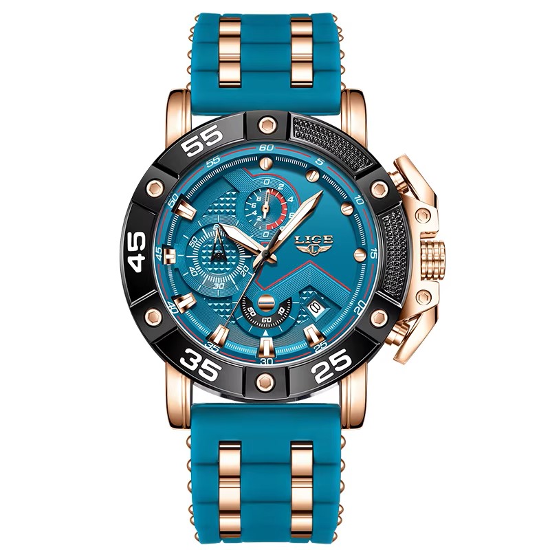 Чоловічий розкішний годинник LIGE LG89215D Бірюзово-золотий