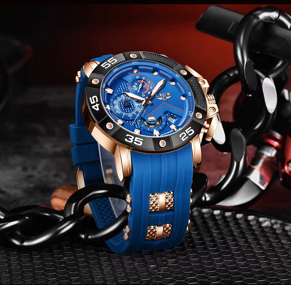 Чоловічий розкішний годинник  LIGE LG89215C Блакитно-золотий