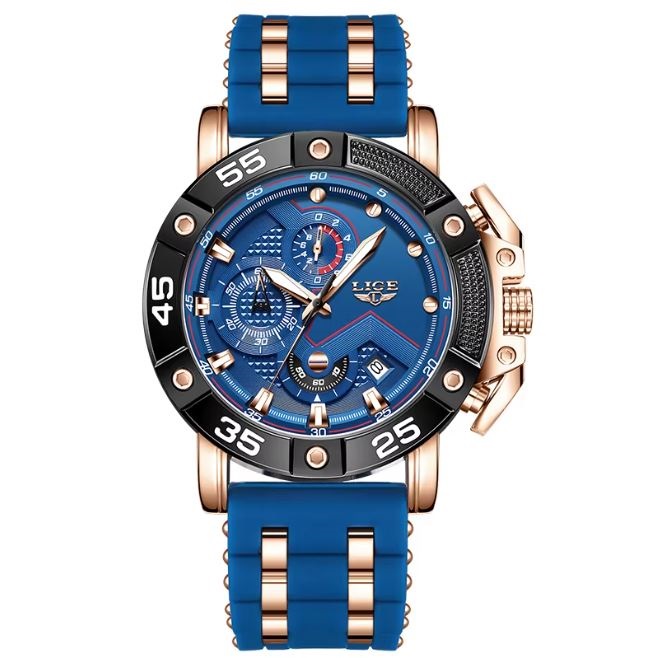 Чоловічий розкішний годинник LIGE LG89215C Блакитно-золотий