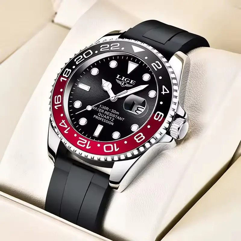 Чоловічий розкішний годинник омаж Rolex GMT-Master II чорний, з датою і cіліконовий ремінець