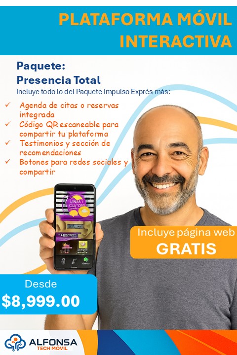Plataforma Móvil Interactiva con tu marca personalizada, Botones de contacto directo: WhatsApp, llamada y ubicación, Compras directas desde la plataforma