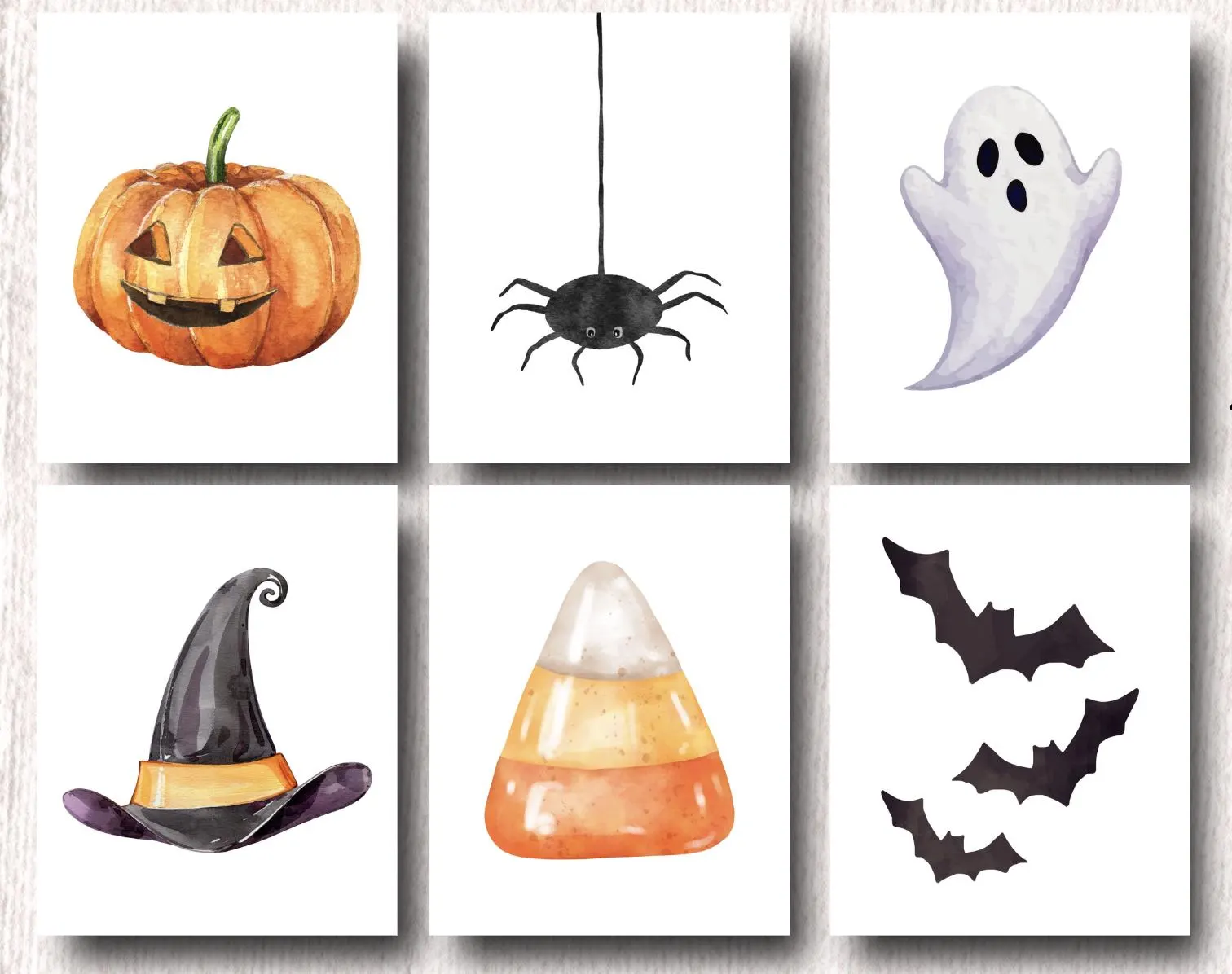Halloween Digital Prints Set, 6 8x10 PDFs, Ghost Candy Corn Witch Spider Bats Pumpkin