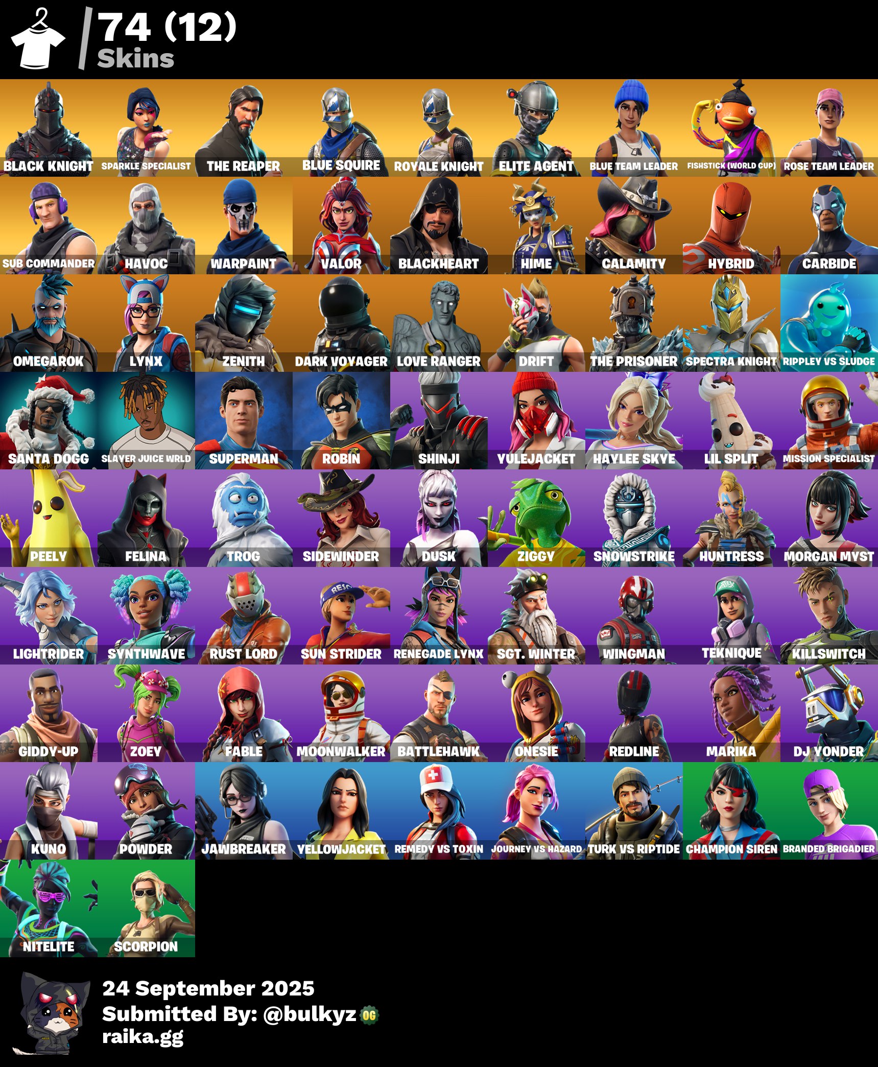74 skins | OG STW | Black Knight | Sparkle Specialist | The Reaper | Blue Squire | Royale Knight | Elite Agent | Blue Team Leader | 300 VB