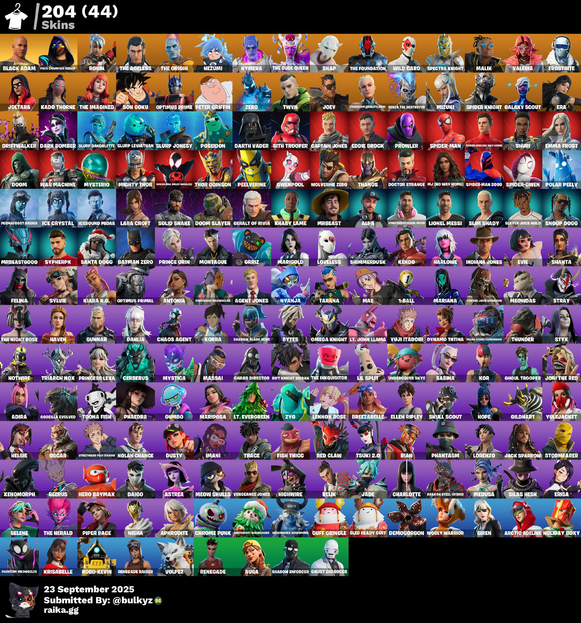 204 skins | Renegade Raider | Black Adam | FNCS Champion Seeker | Ronin | The Ageless | The Origin | Nezumi | Kymera | The Cube Queen | Snap | 400 VB
