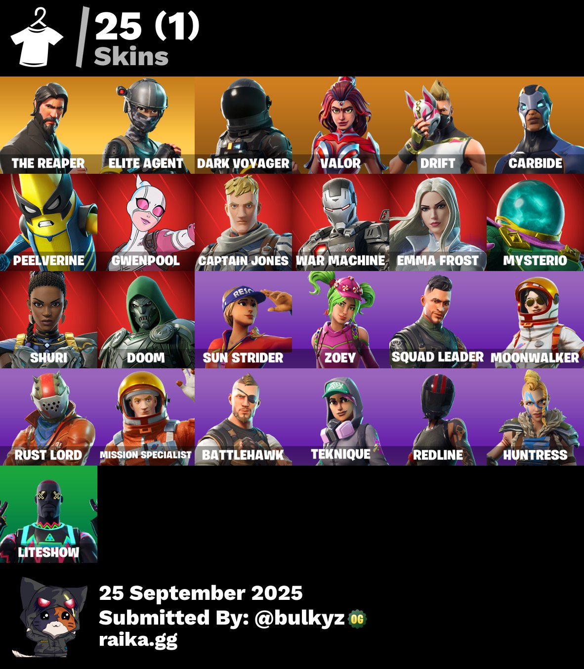 25 skins | The Reaper | Elite Agent | Dark Voyager | Valor | Drift | Carbide | Peelverine | Gwenpool | Captain Jones | War Machine | Emma Frost | 100 VB