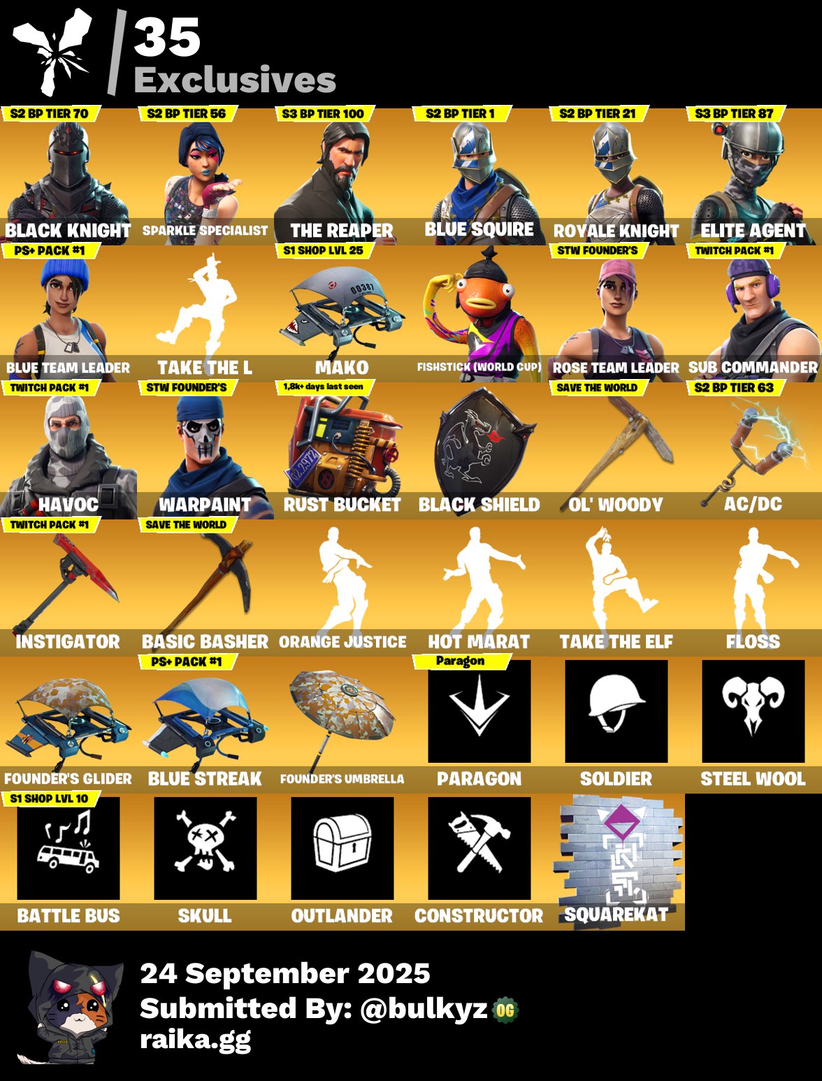 74 skins | OG STW | Black Knight | Sparkle Specialist | The Reaper | Blue Squire | Royale Knight | Elite Agent | Blue Team Leader | 300 VB