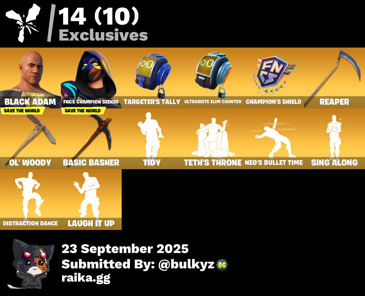 204 skins | Renegade Raider | Black Adam | FNCS Champion Seeker | Ronin | The Ageless | The Origin | Nezumi | Kymera | The Cube Queen | Snap | 400 VB