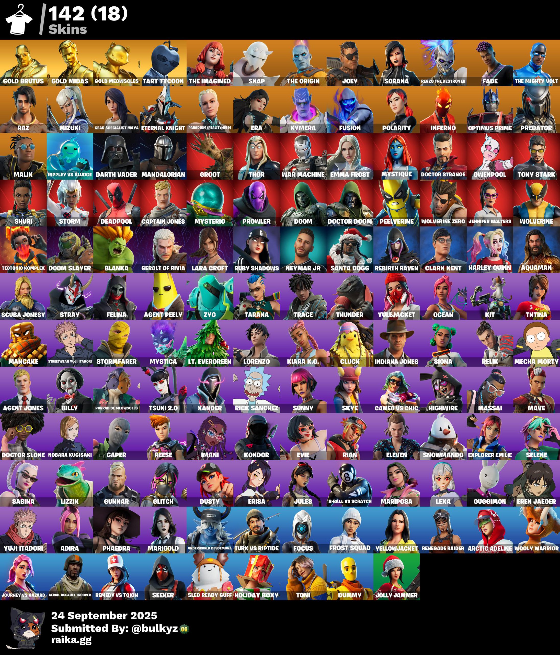 142 skins | Renegade Raider | Aerial Assault Trooper | Gold Brutus | Gold Midas | Gold Meowscles | Tart Tycoon | The Imagined | Snap | 500 VB