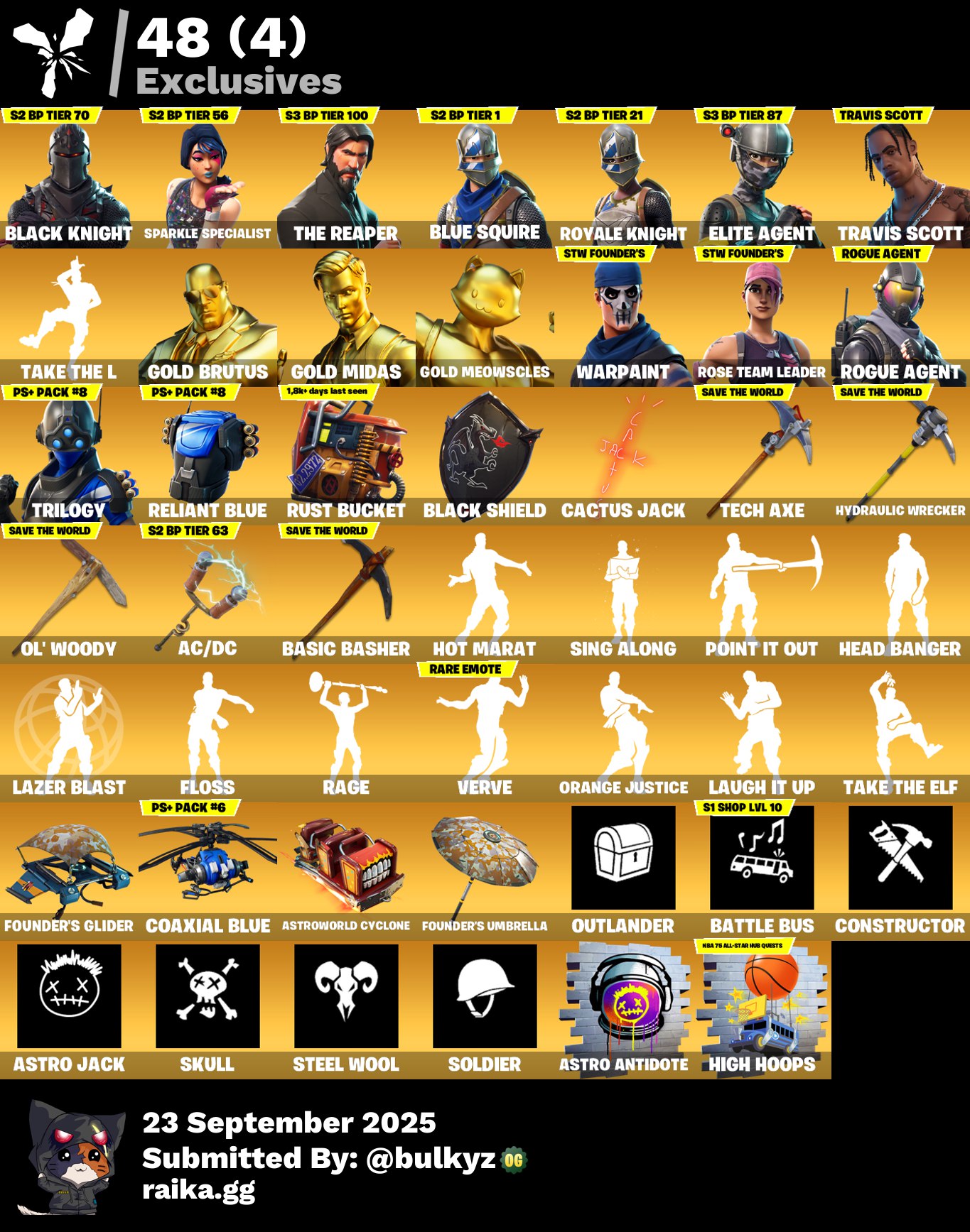 231 skins | OG STW | Black Knight | Sparkle Specialist | The Reaper | Blue Squire | Royale Knight | Elite Agent | Travis Scott | Gold Brutus | 410 VB