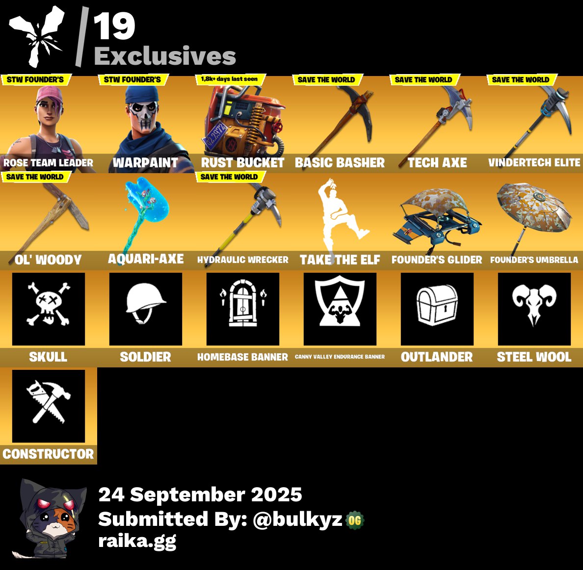 38 skins | OG STW | Renzo the Destroyer | The Foundation | Kymera | Snap | Ronin | Mizuki | Joey | Malik | Spider-Man | Clark Kent | Stray | 345 VB