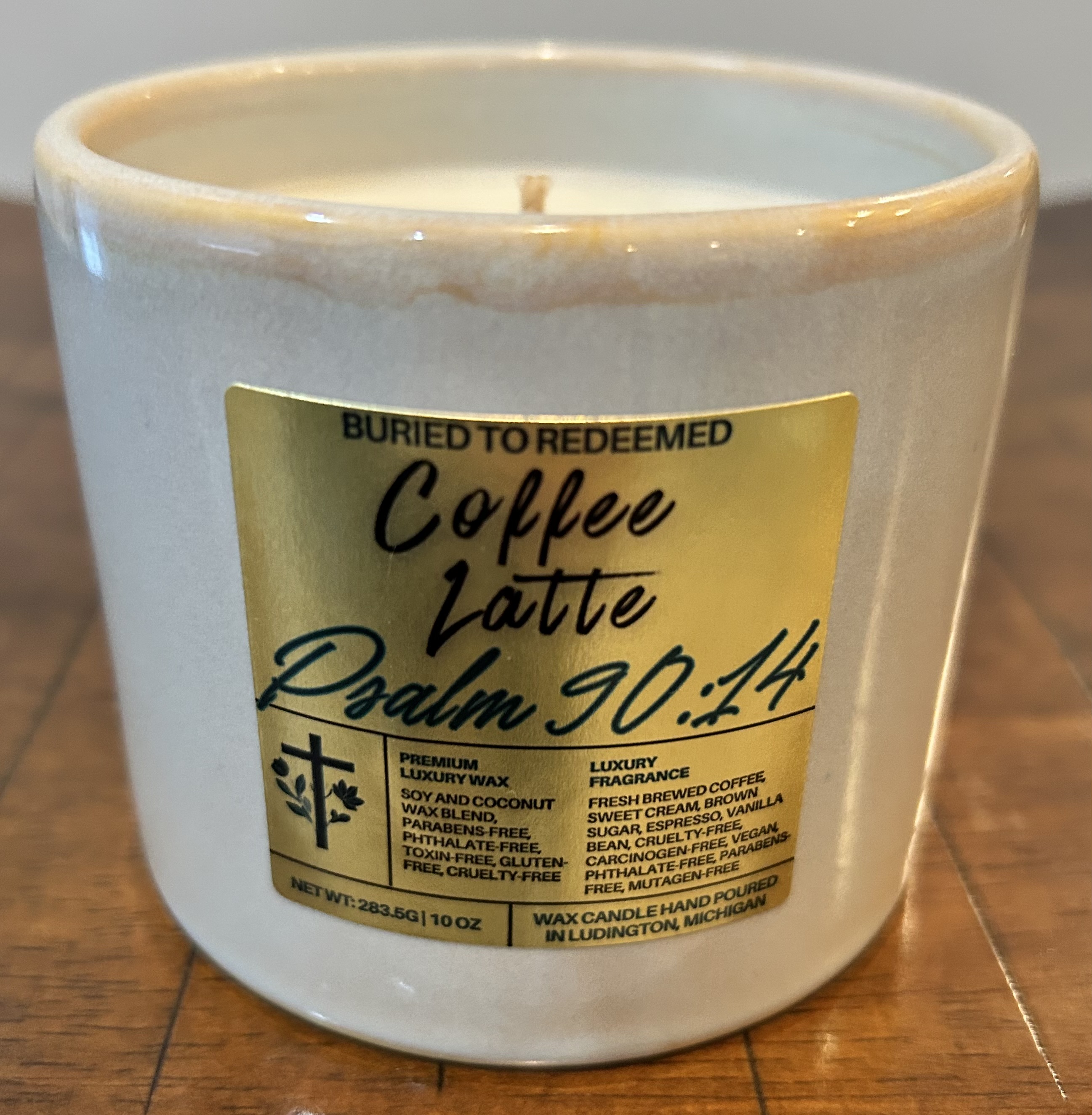 Catholic Bible Verse Coffee Latte Candle - Psalm 90:14 - 10 oz - Creamy White - Premium USA Ingredients