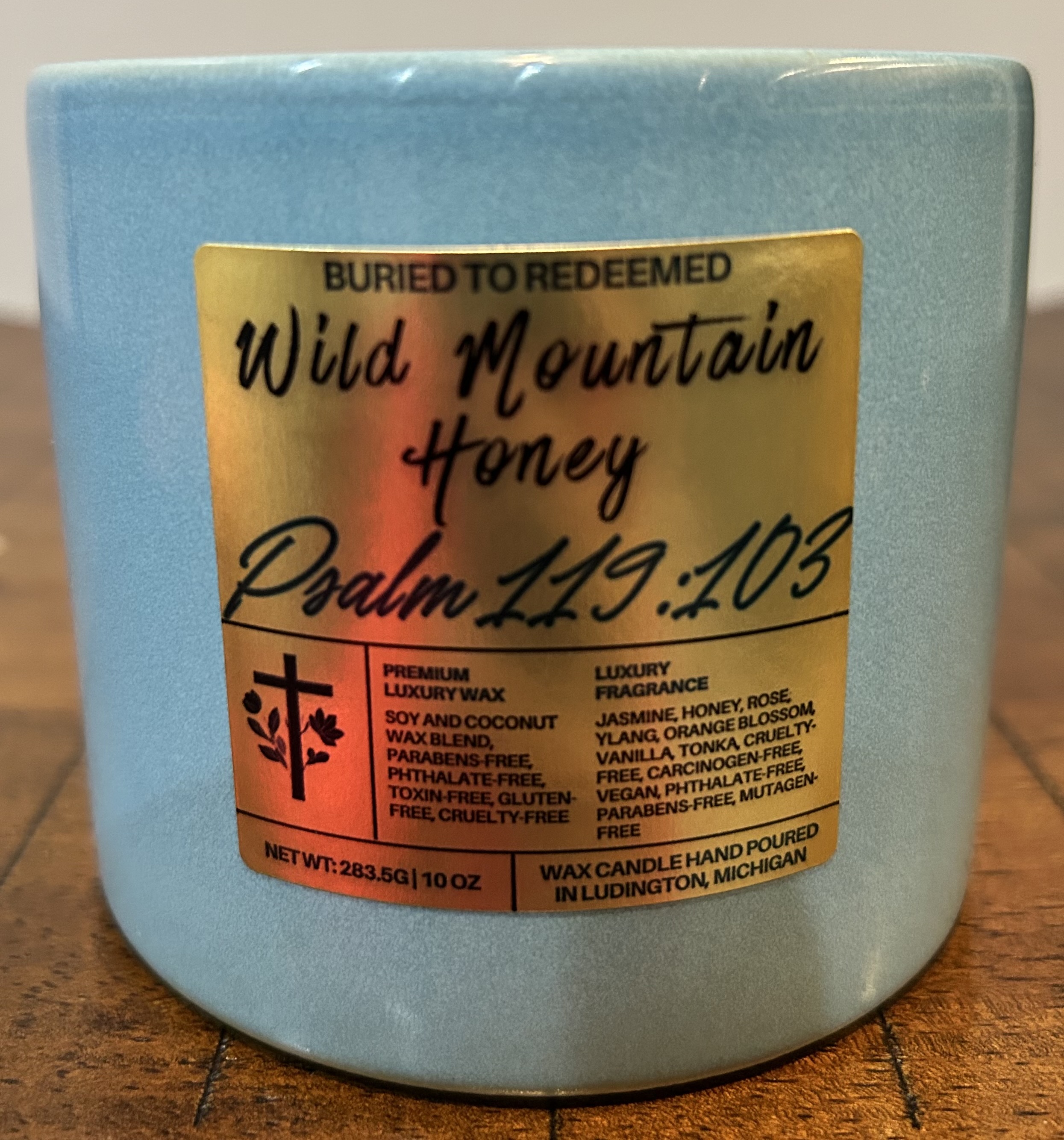 Catholic Bible Verse Candle Wild Mountain Honey - Psalm 119:103 - 10 oz - Light Blue - Premium USA Ingredients