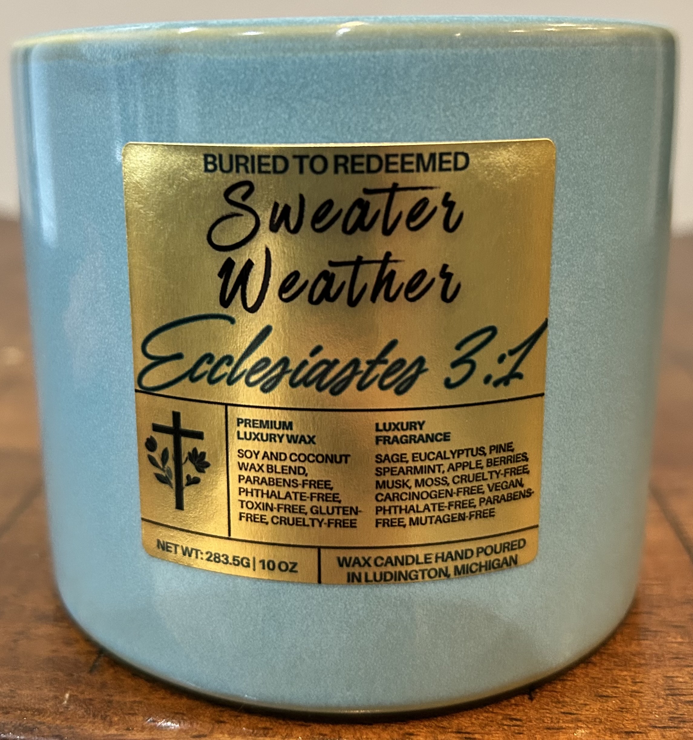 Catholic Bible Verse Sweater Weather Candle - Ecclesiastes 3:1 - 10 oz - Light Blue -  Premium USA Ingredients