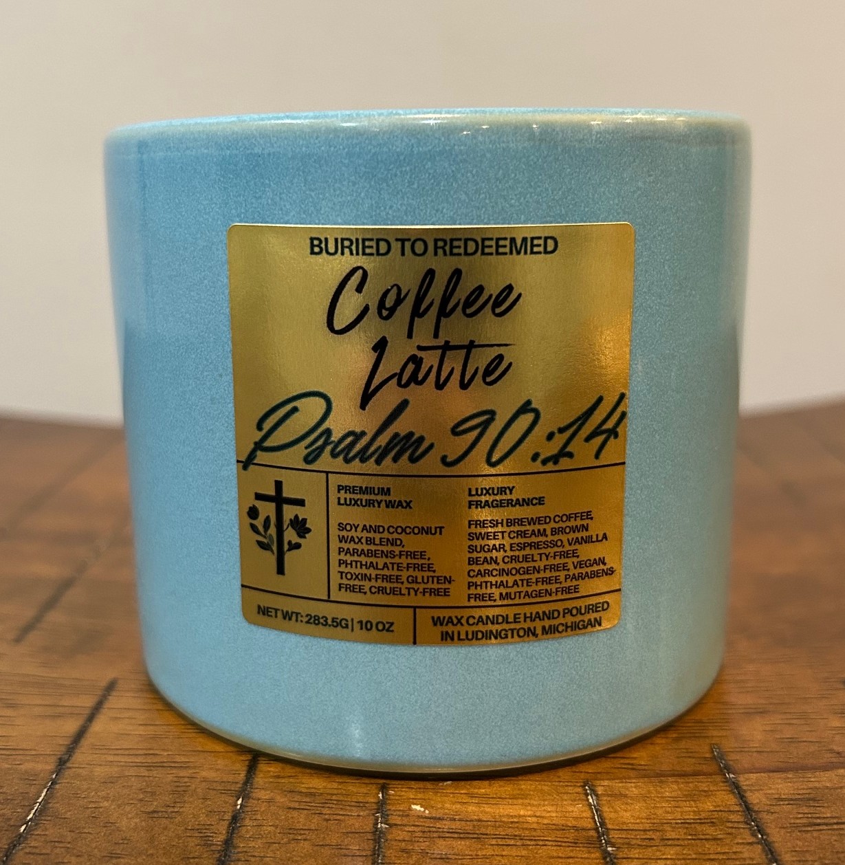 Catholic Bible Verse Coffee Latte Candle - Psalm 90:14 - 10 oz - Light Blue - Premium USA Ingredients