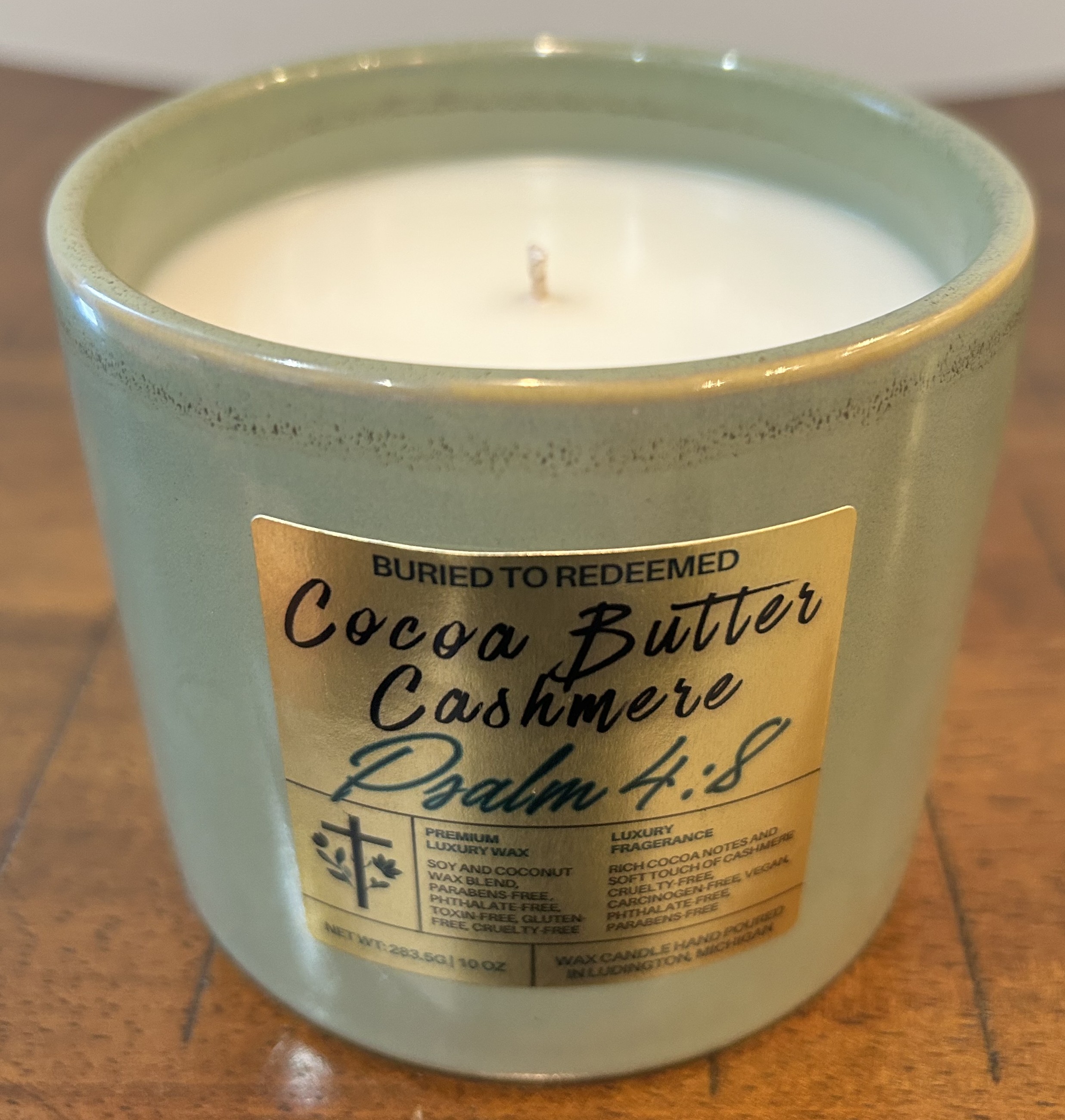 Catholic Bible Verse Cocoa Butter Cashmere Candle - Psalm 4:8 - 10 oz - Green - Premium USA Ingredients