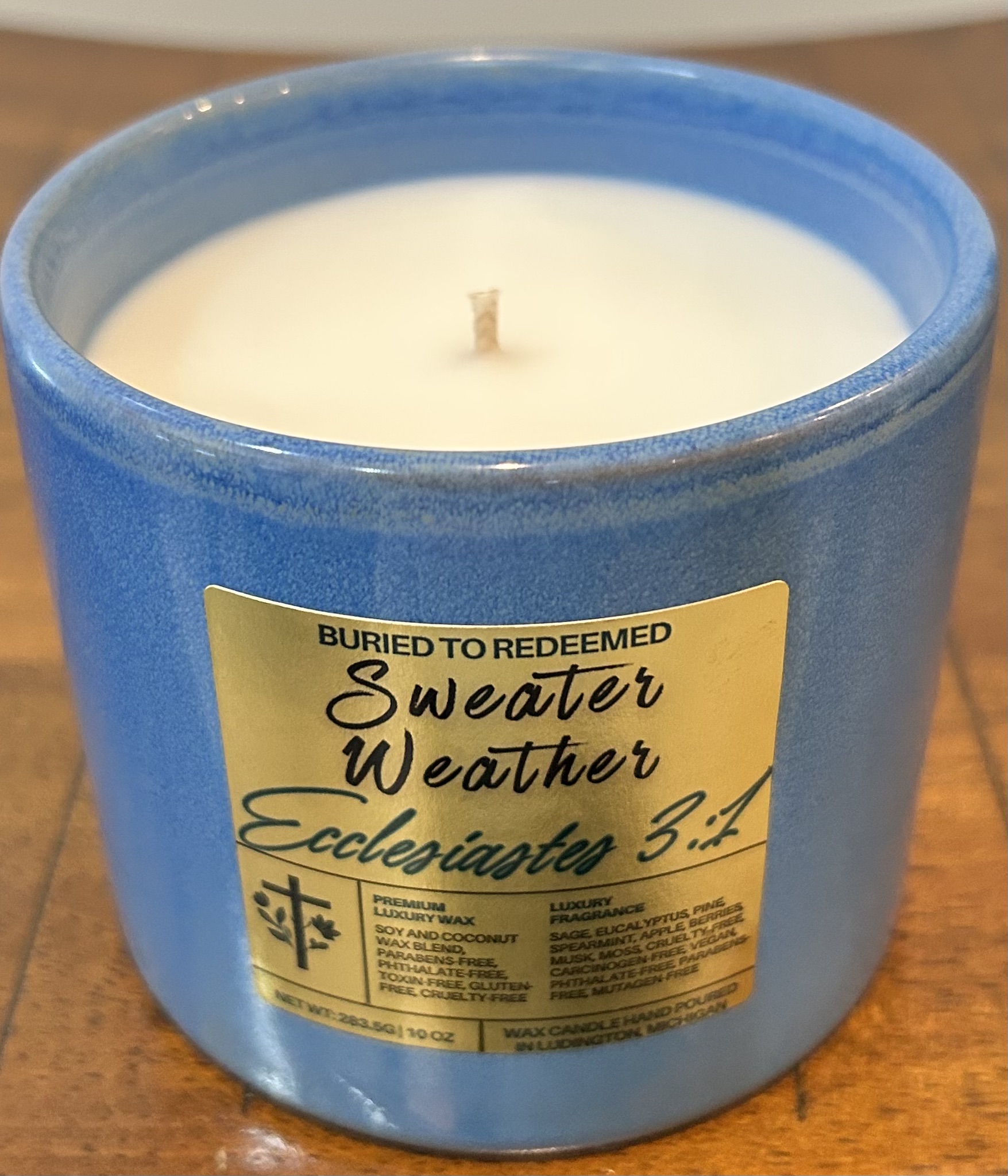 Catholic Bible Verse Sweater Weather Candle - Ecclesiastes 3:1 - 10 oz - Dark Blue -  Premium USA Ingredients