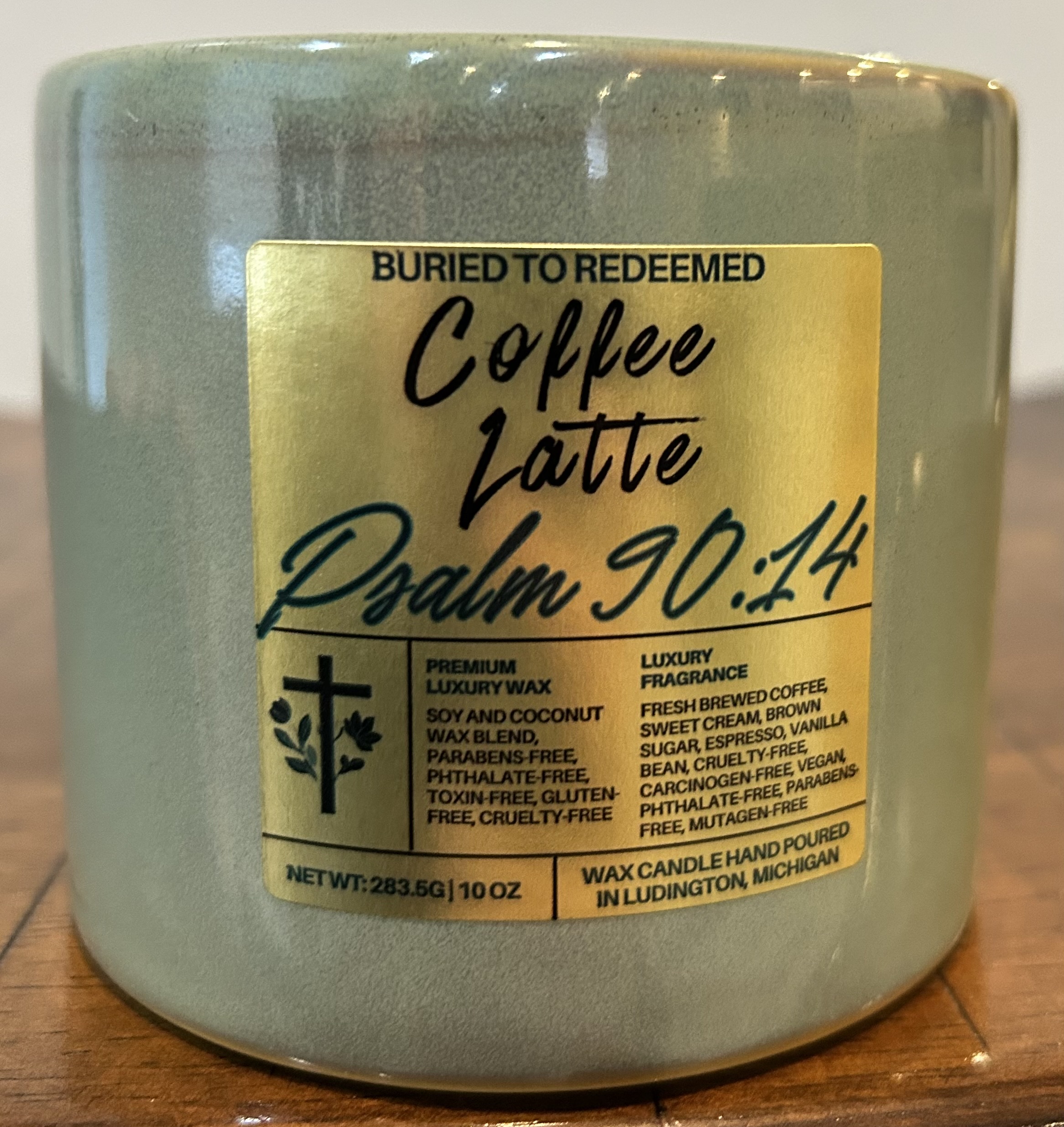 Catholic Bible Verse Coffee Latte Candle - Psalm 90:14 - 10 oz - Green - Premium USA Ingredients