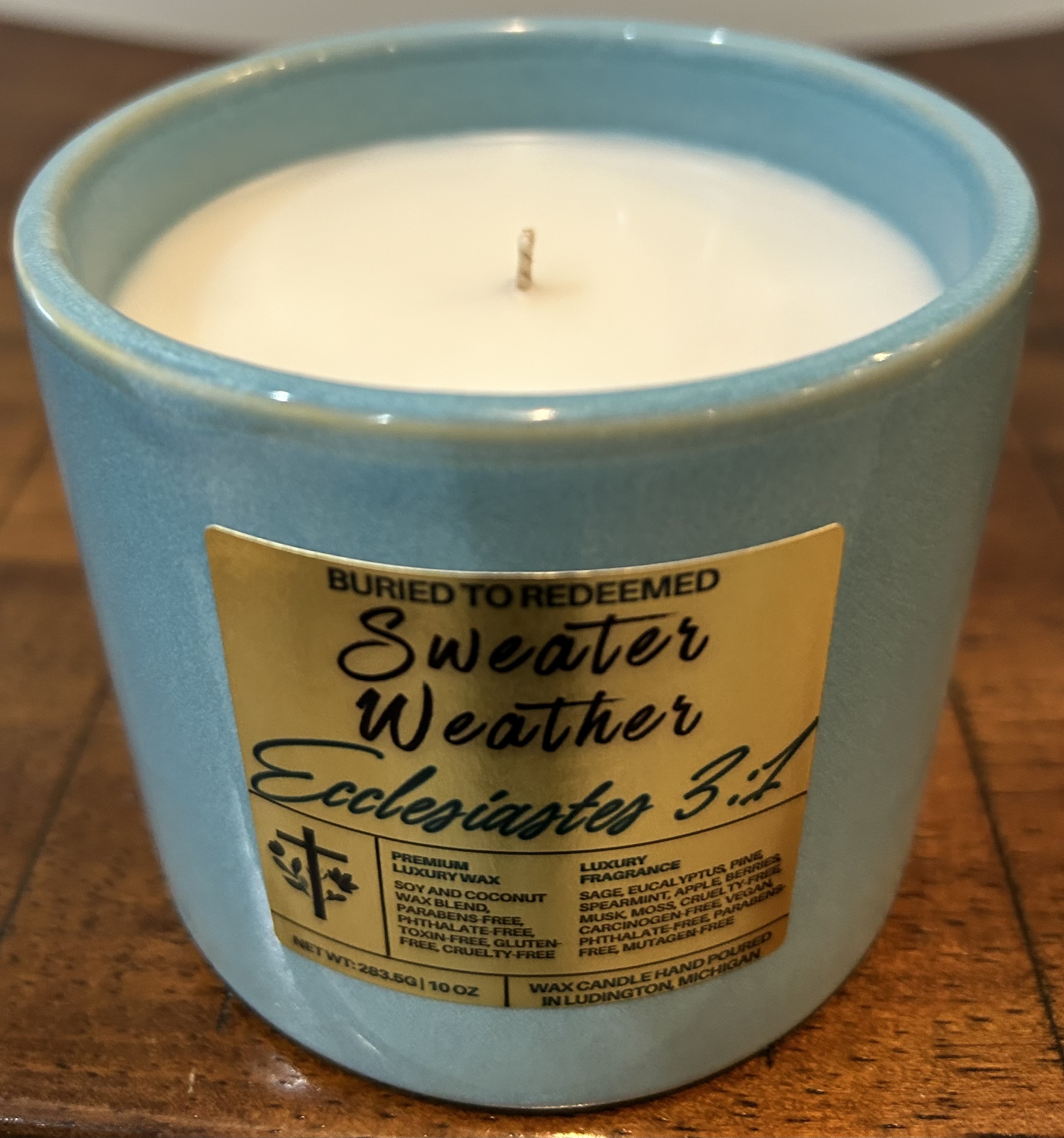 Catholic Bible Verse Sweater Weather Candle - Ecclesiastes 3:1 - 10 oz - Light Blue -  Premium USA Ingredients