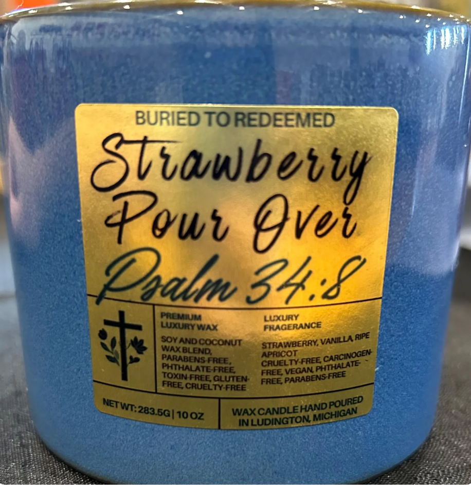 Bible Verse Coconut Soy Strawberry Pour Over Scented Candle - Psalm 34:8 - 10 oz - Hand Poured in Michigan with Quality USA Ingredients