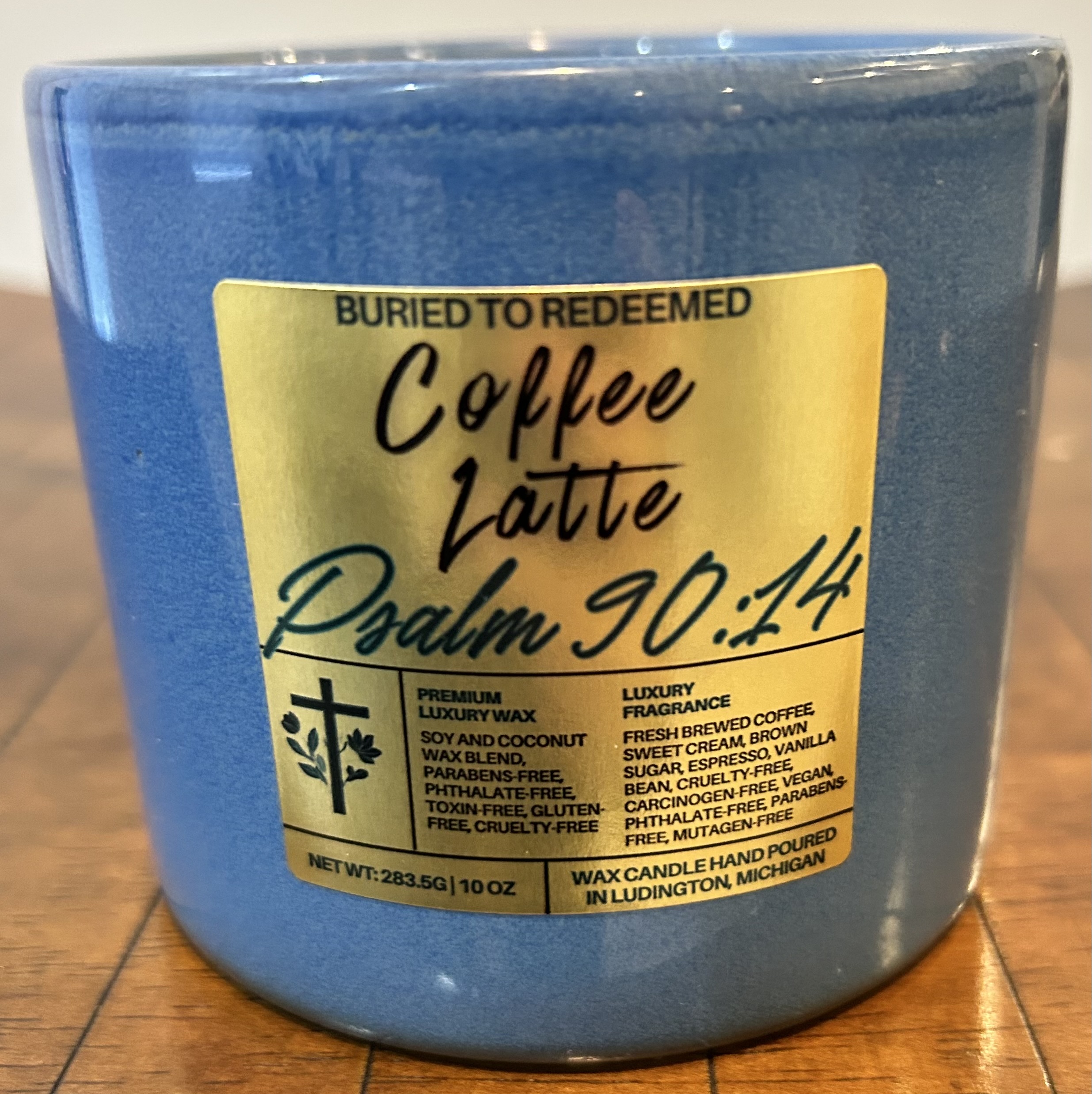 Catholic Bible Verse Coffee Latte Candle - Psalm 90:14 - 10 oz - Dark Blue - Premium USA Ingredients