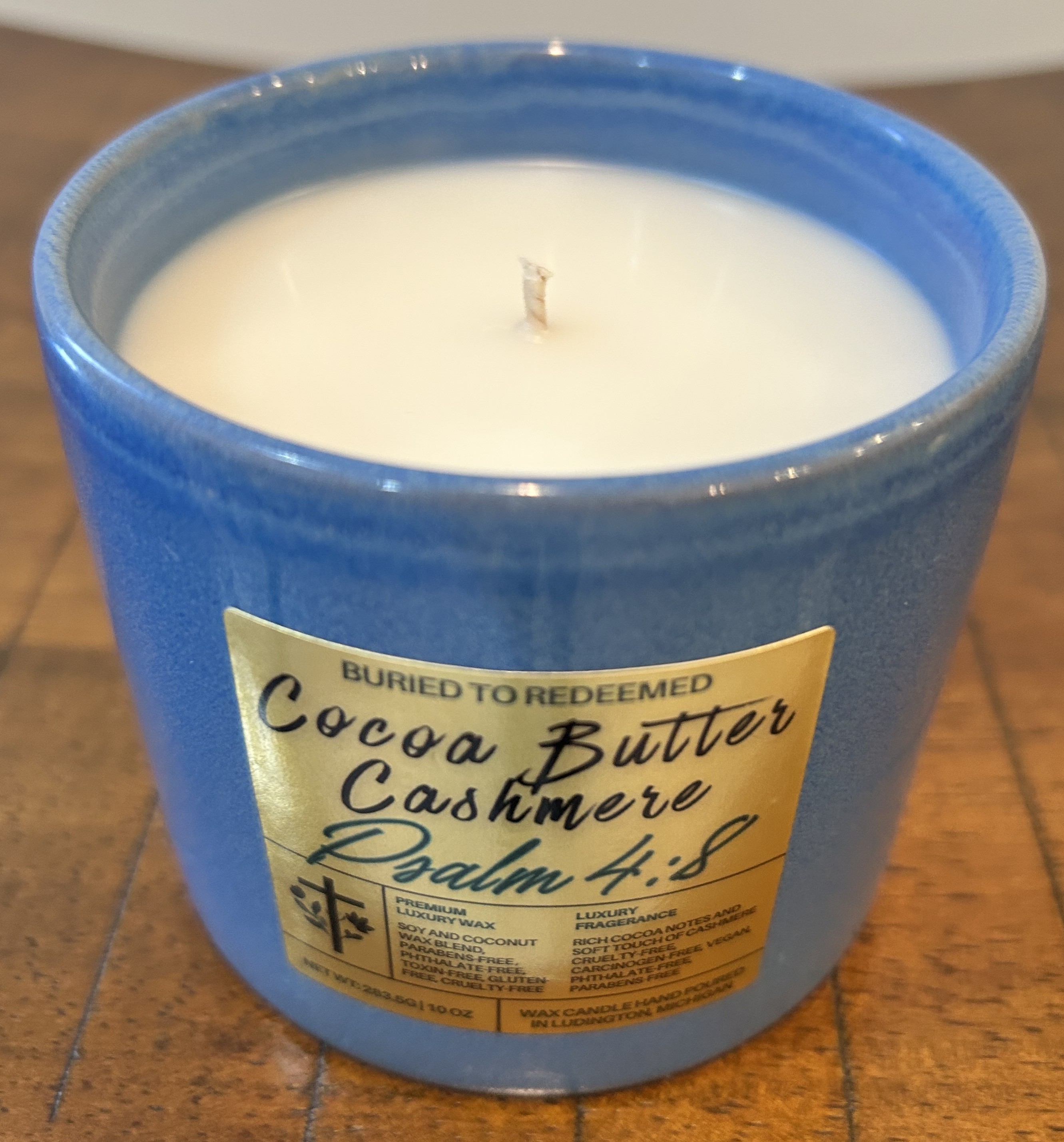 Catholic Bible Verse Cocoa Butter Cashmere Candle - Psalm 4:8 - 10 oz - Dark Blue - USA Ingredients