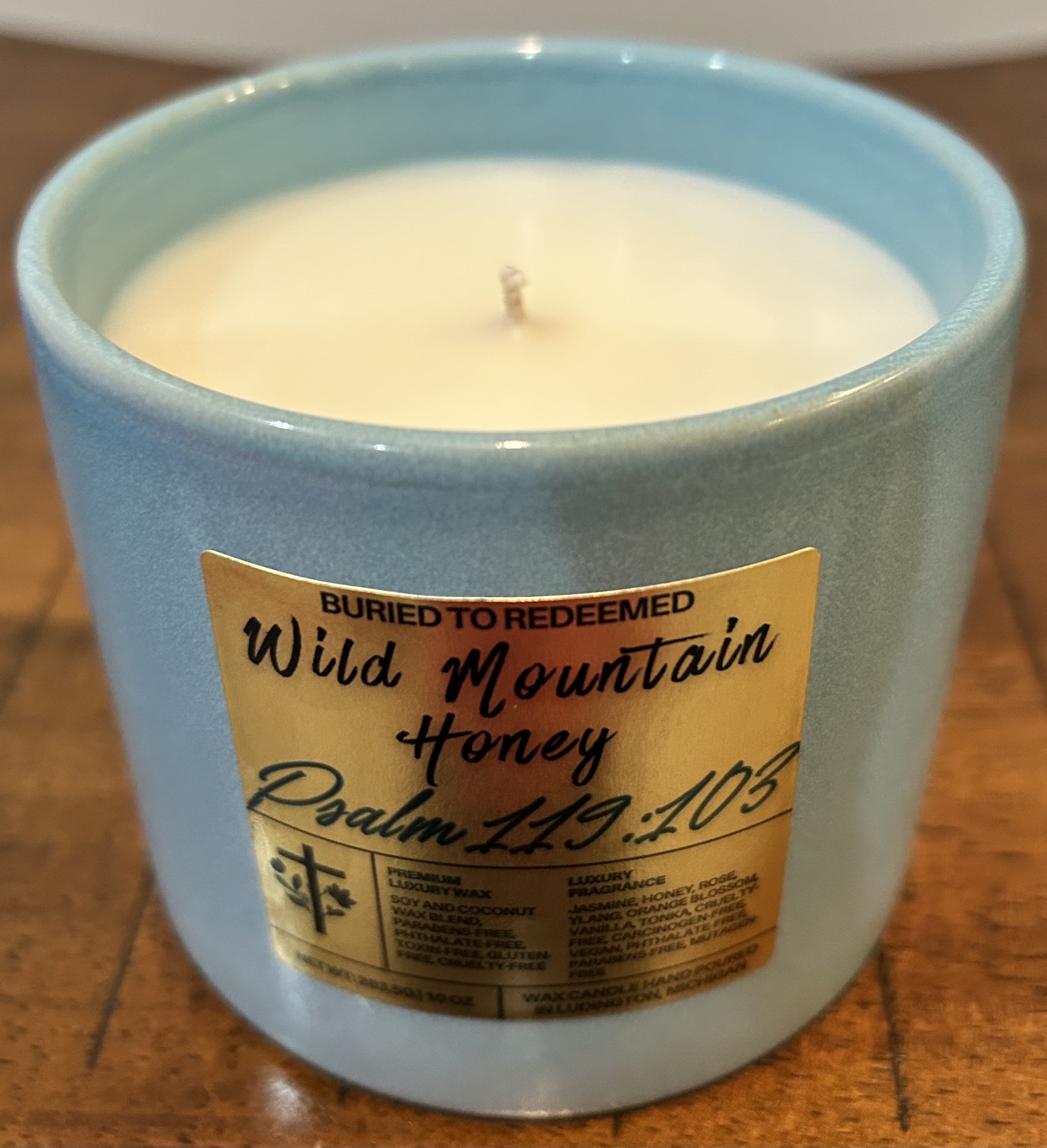 Catholic Bible Verse Candle Wild Mountain Honey - Psalm 119:103 - 10 oz - Light Blue - Premium USA Ingredients