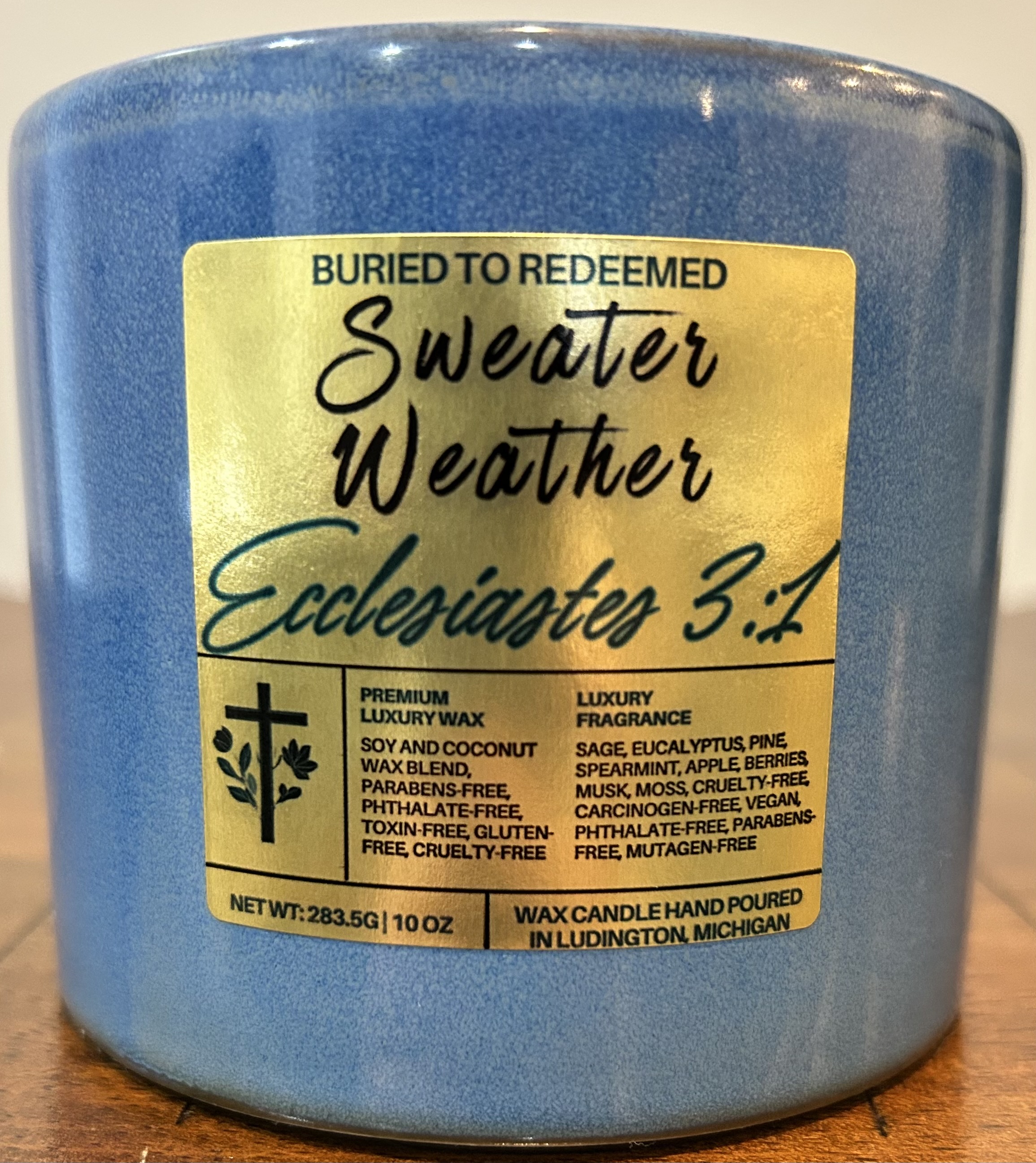 Catholic Bible Verse Sweater Weather Candle - Ecclesiastes 3:1 - 10 oz - Dark Blue -  Premium USA Ingredients