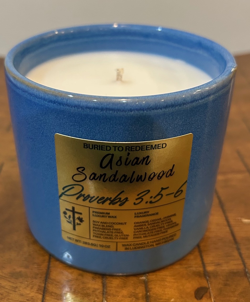 Catholic Bible Verse Asian Sandalwood Candle - Proverbs 3:5-6 - 10 oz - Dark Blue - Premium USA Ingredients