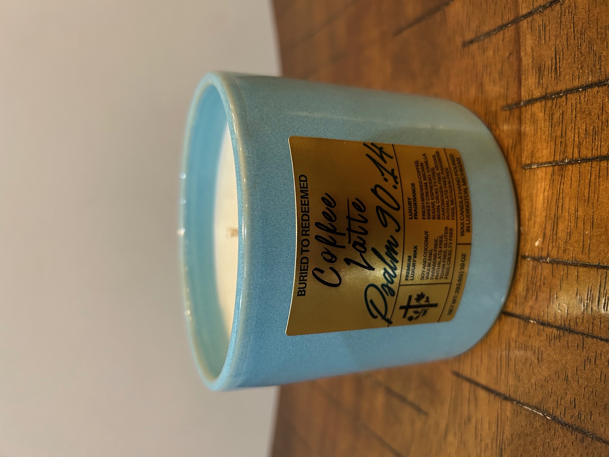 Catholic Bible Verse Coffee Latte Candle - Psalm 90:14 - 10 oz - Light Blue - Premium USA Ingredients
