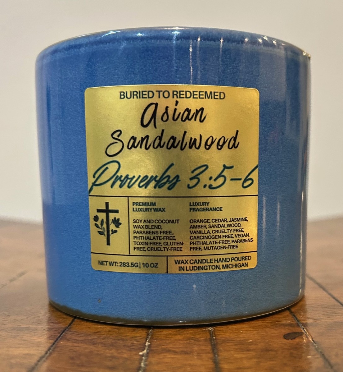 Catholic Bible Verse Asian Sandalwood Candle - Proverbs 3:5-6 - 10 oz - Dark Blue - Premium USA Ingredients