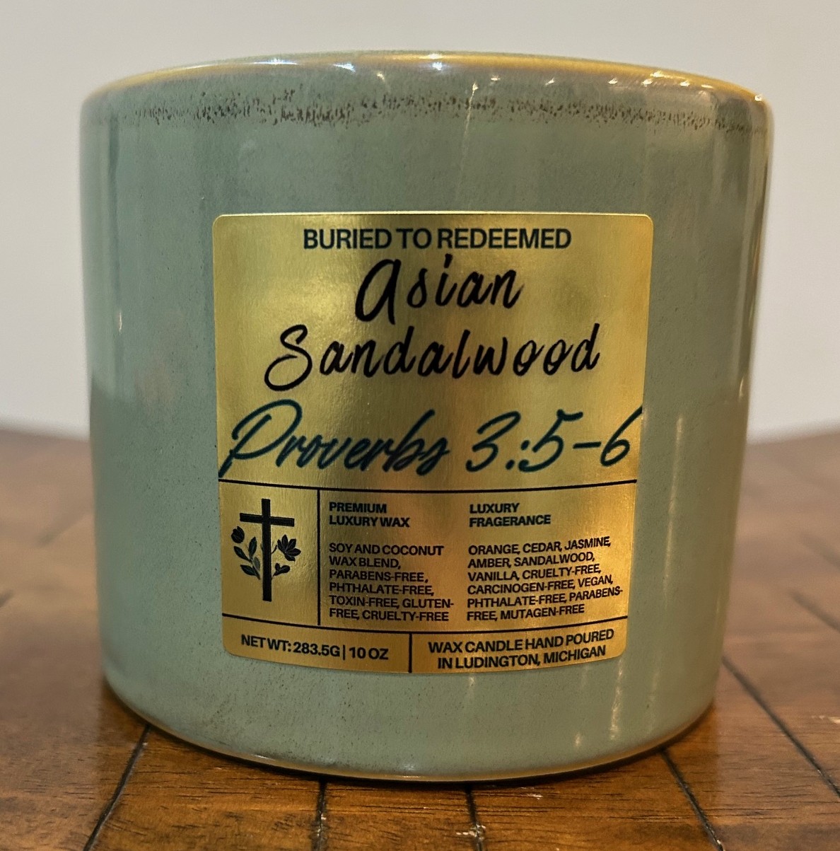 Catholic Bible Verse Asian Sandalwood Candle - Proverbs 3:5-6 - 10 oz - Green - Premium USA Ingredients