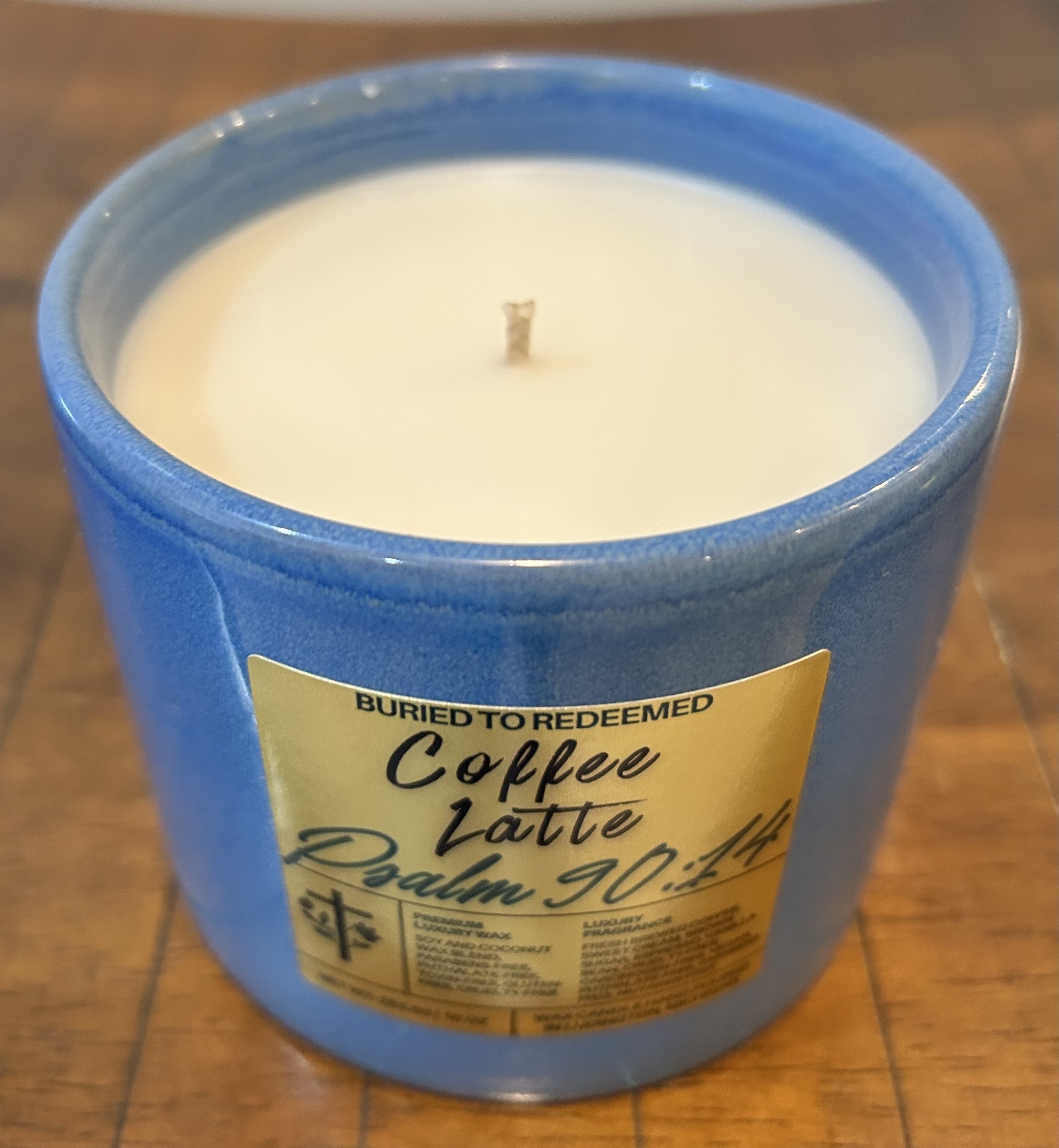 Catholic Bible Verse Coffee Latte Candle - Psalm 90:14 - 10 oz - Dark Blue - Premium USA Ingredients