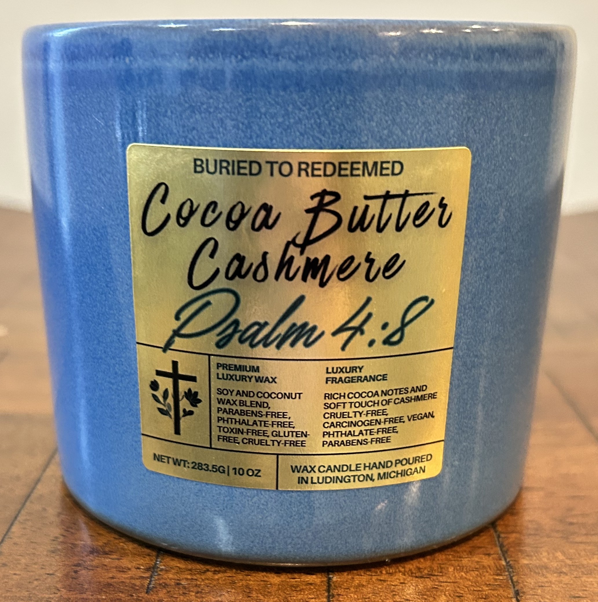 Catholic Bible Verse Cocoa Butter Cashmere Candle - Psalm 4:8 - 10 oz - Dark Blue - USA Ingredients