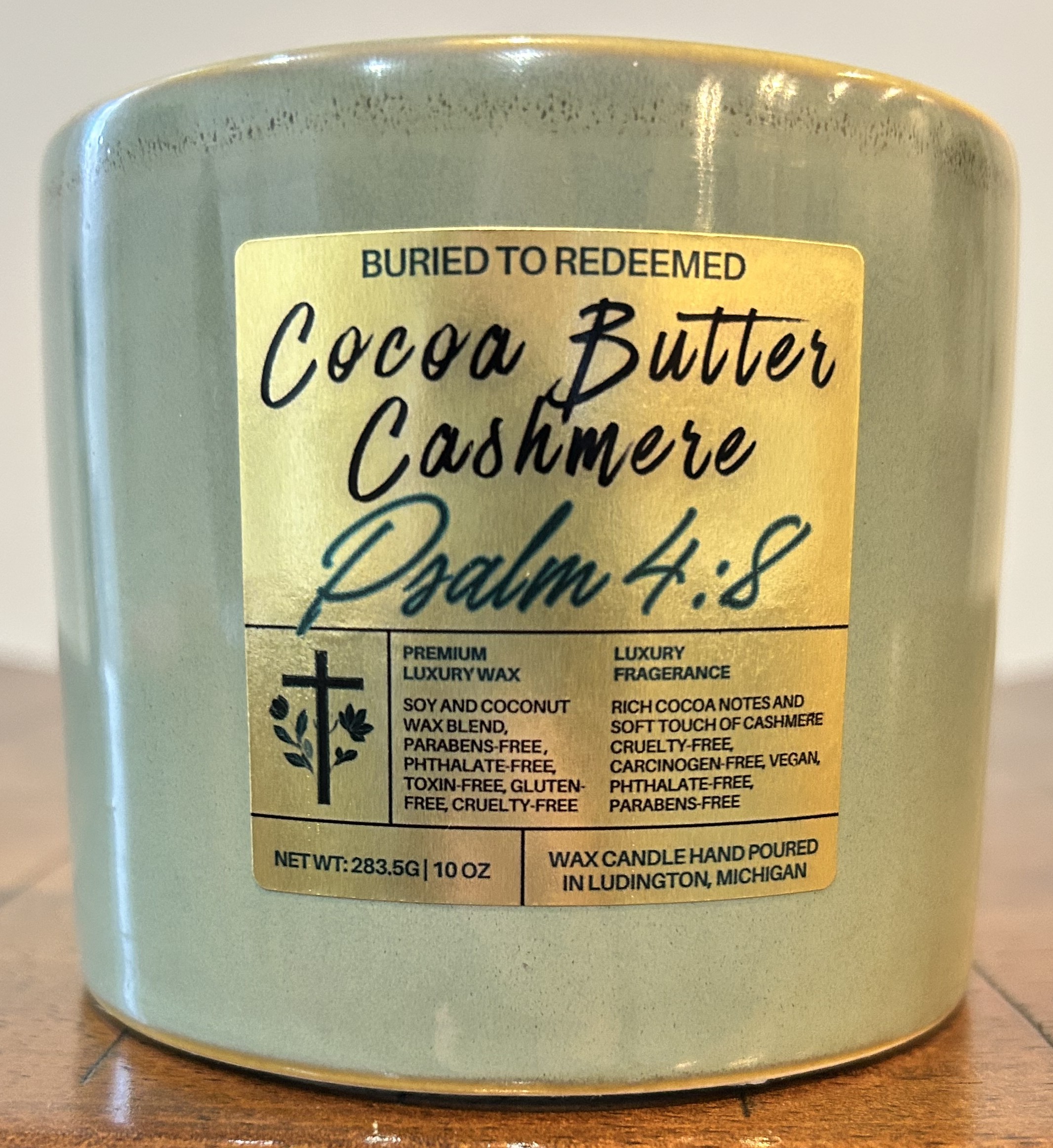 Catholic Bible Verse Cocoa Butter Cashmere Candle - Psalm 4:8 - 10 oz - Green - Premium USA Ingredients