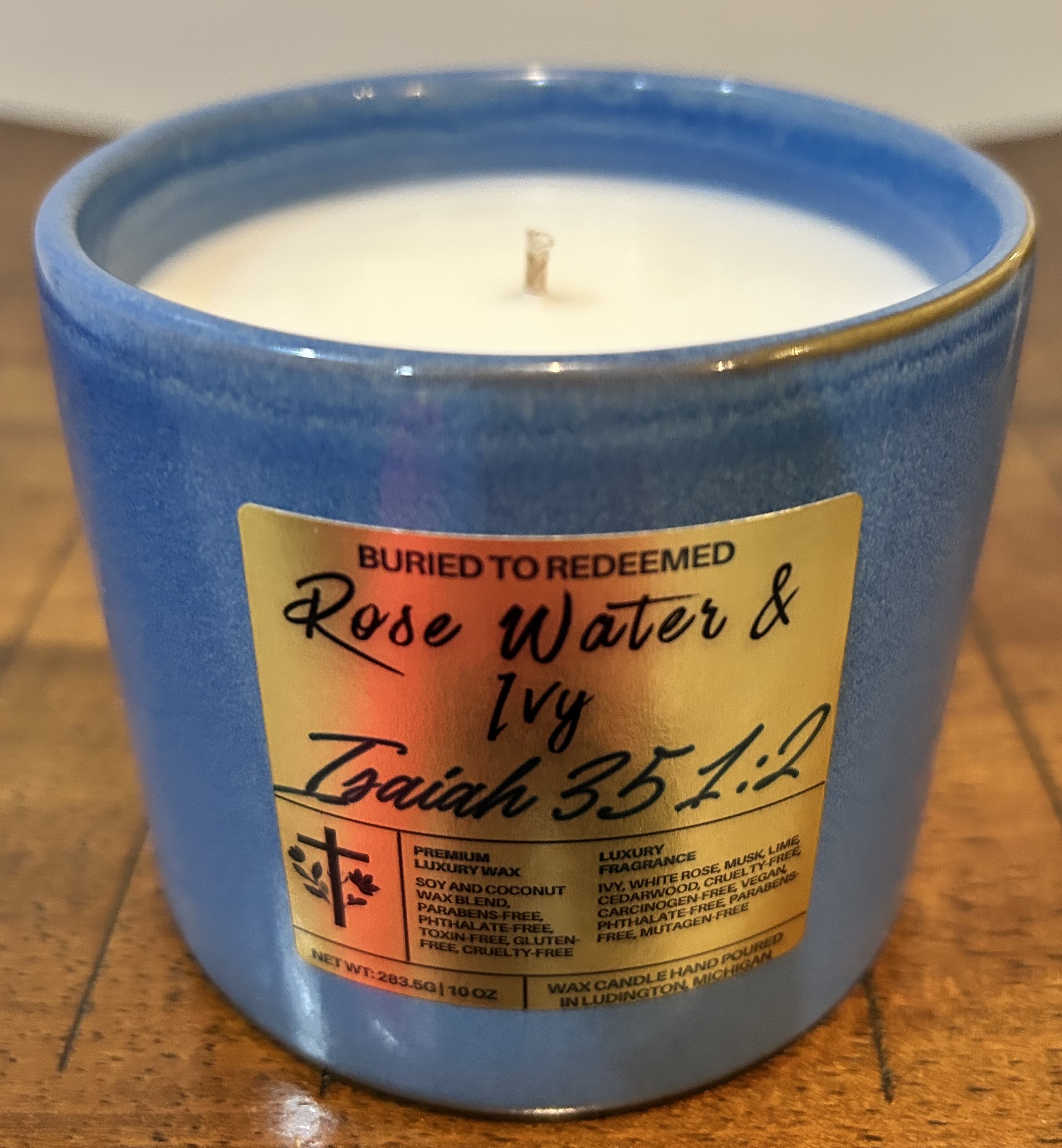 Catholic Bible Verse Candle Rose Water & Ivy - Isaiah 35:1-2 - 10 oz - Dark Blue - Premium USA Ingredients