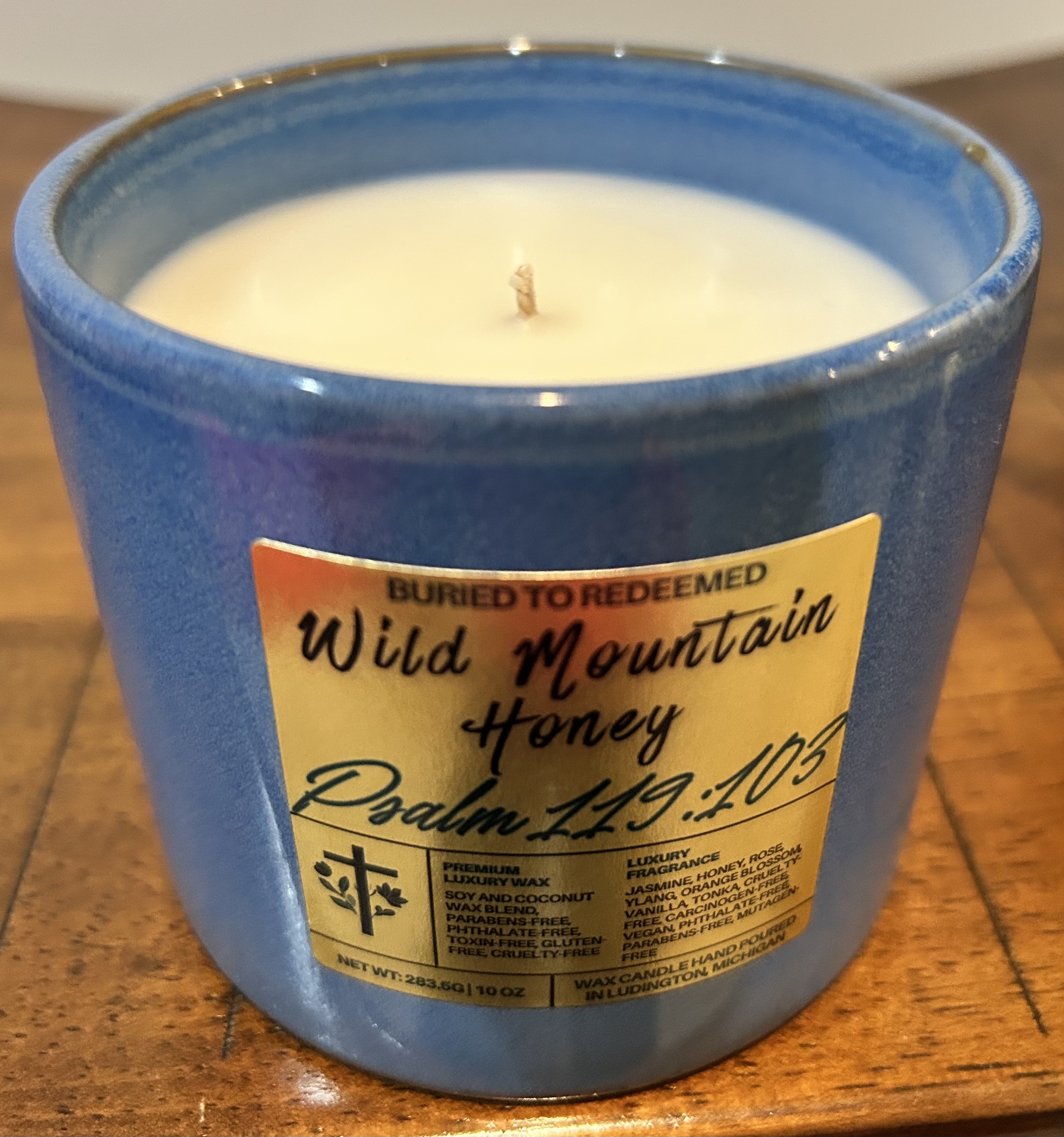Catholic Bible Verse Candle Wild Mountain Honey - Psalm 119:103 - 10 oz - Dark Blue - Premium USA Ingredients