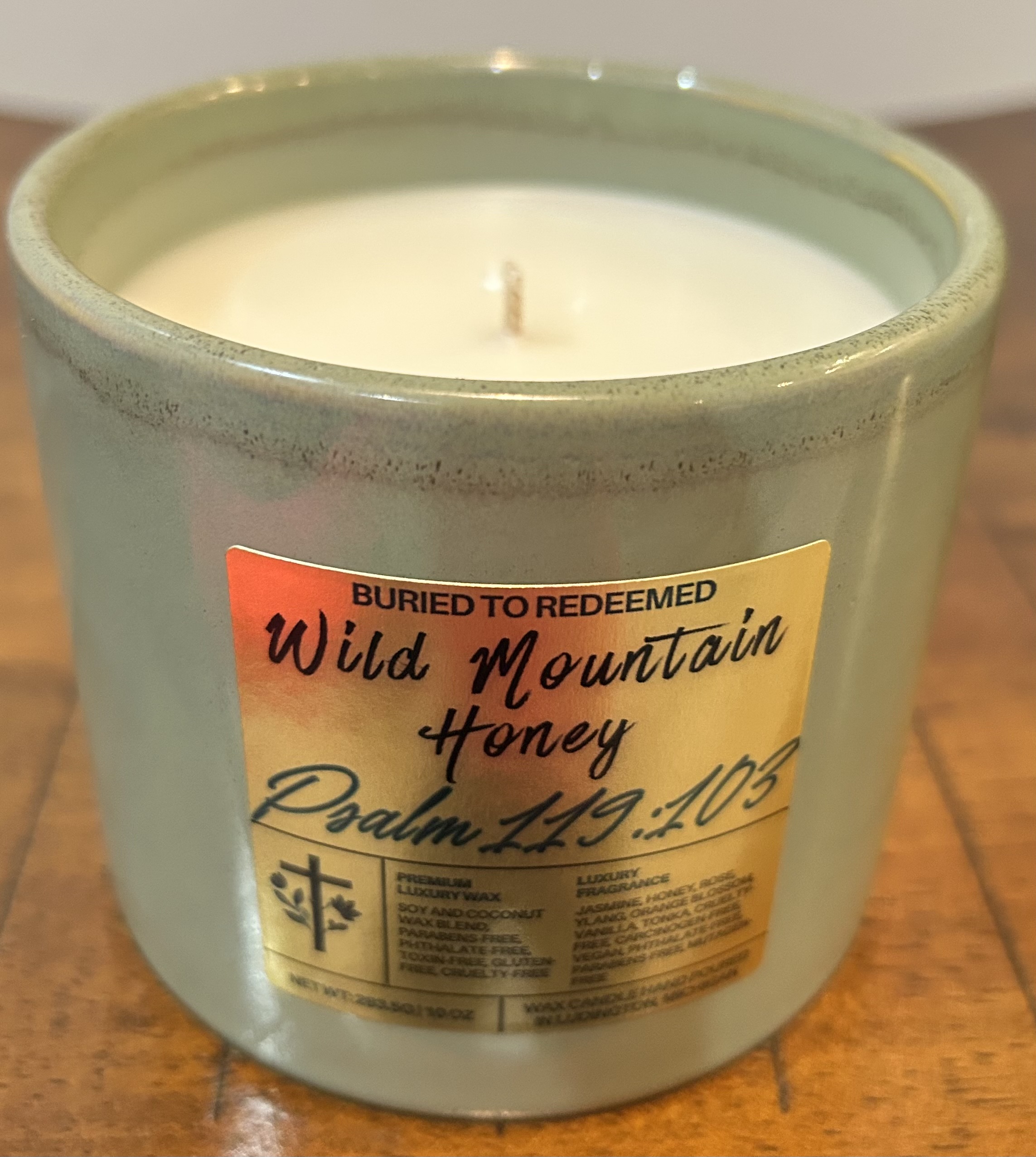Catholic Bible Verse Candle Wild Mountain Honey - Psalm 119:103 - 10 oz - Green - Premium USA Ingredients