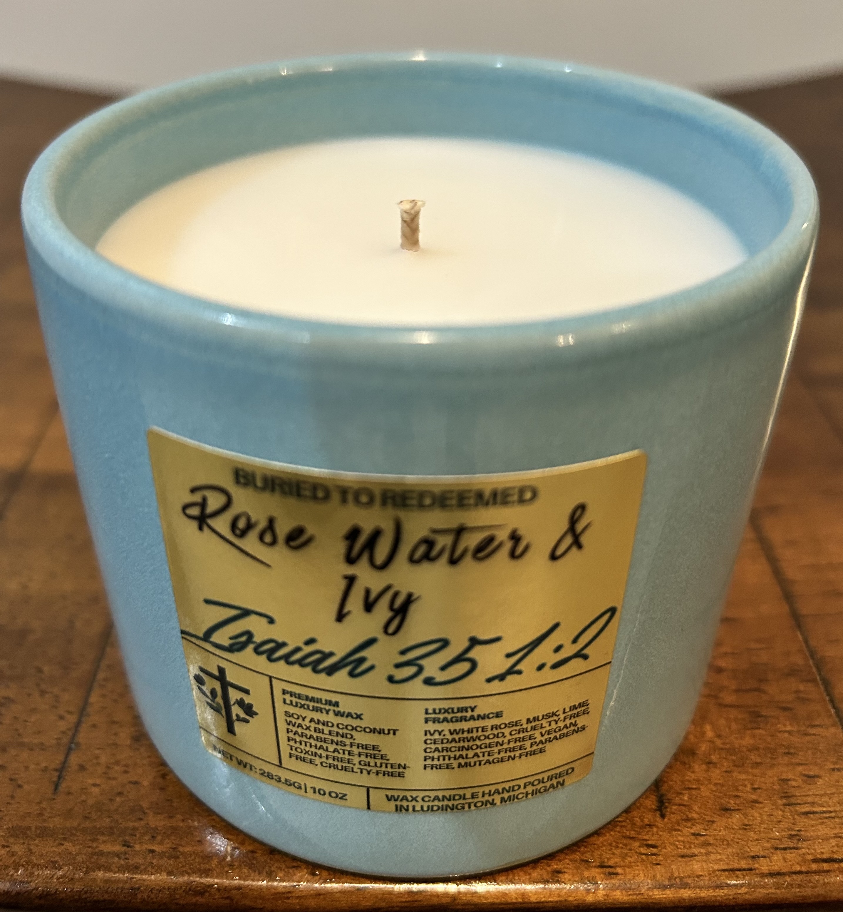 Catholic Bible Verse Candle Rose Water & Ivy - Isaiah 35:1-2 - 10 oz - Light Blue - Premium USA Ingredients
