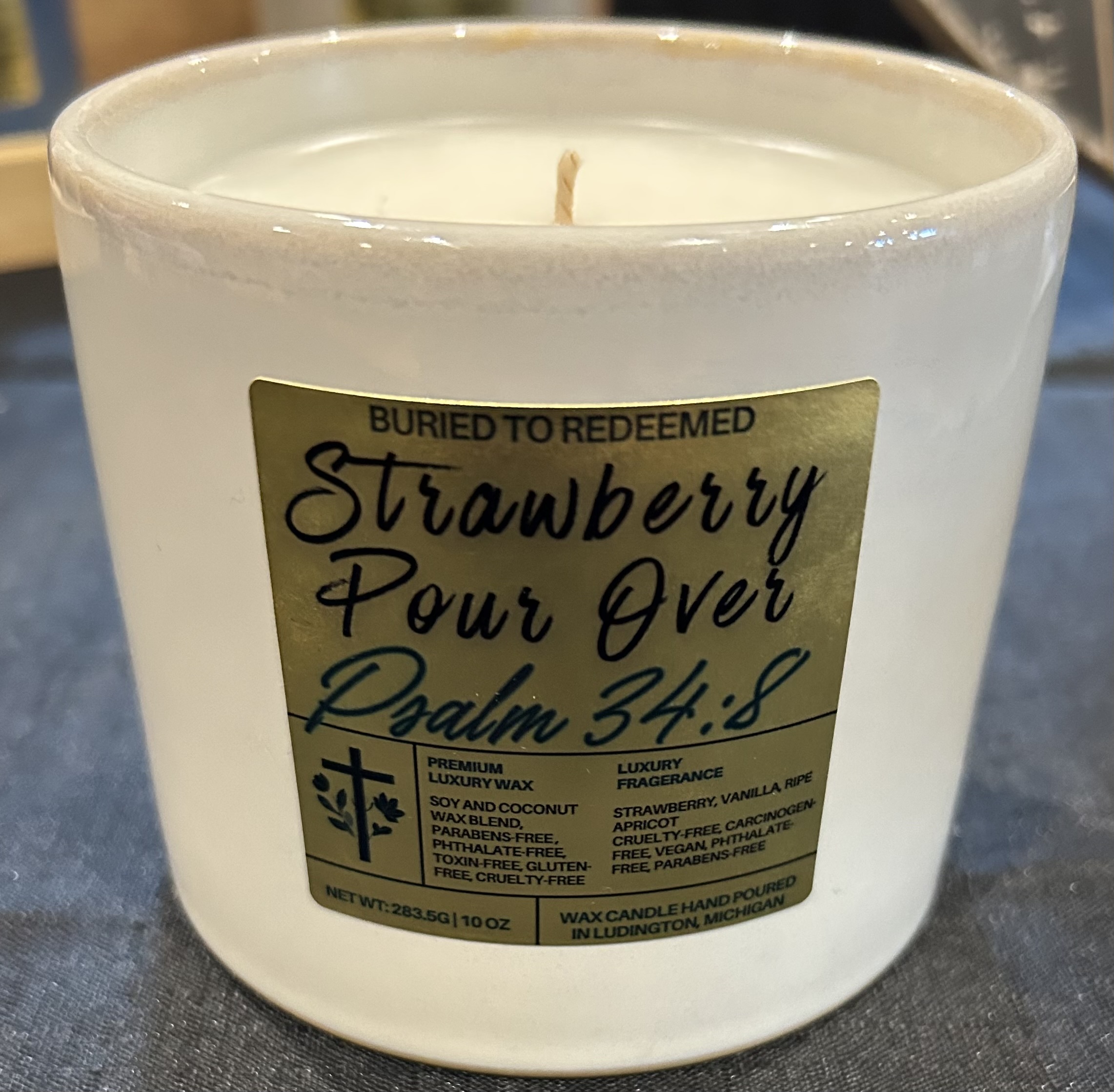 Bible Verse Coconut Soy Strawberry Pour Over Scented Candle - Psalm 34:8 - 10 oz - Hand Poured in Michigan with Quality USA Ingredients