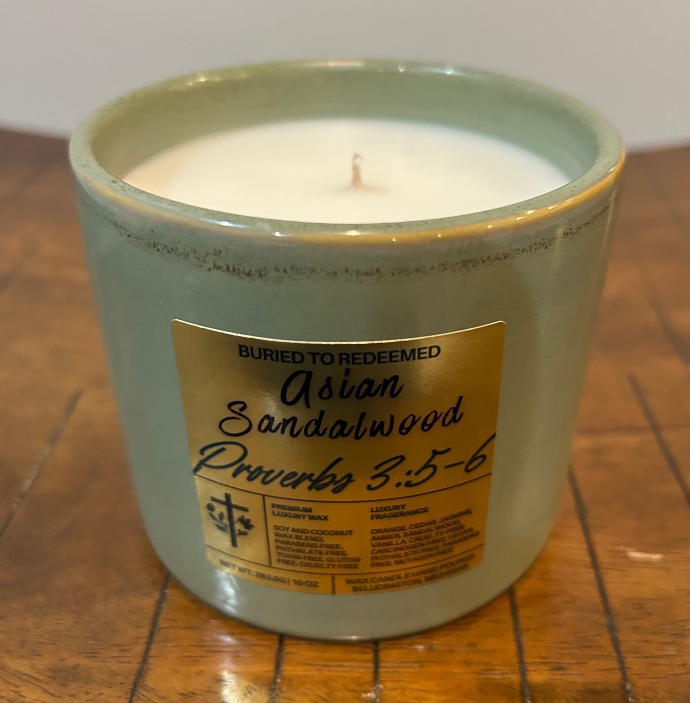 Catholic Bible Verse Asian Sandalwood Candle - Proverbs 3:5-6 - 10 oz - Green - Premium USA Ingredients