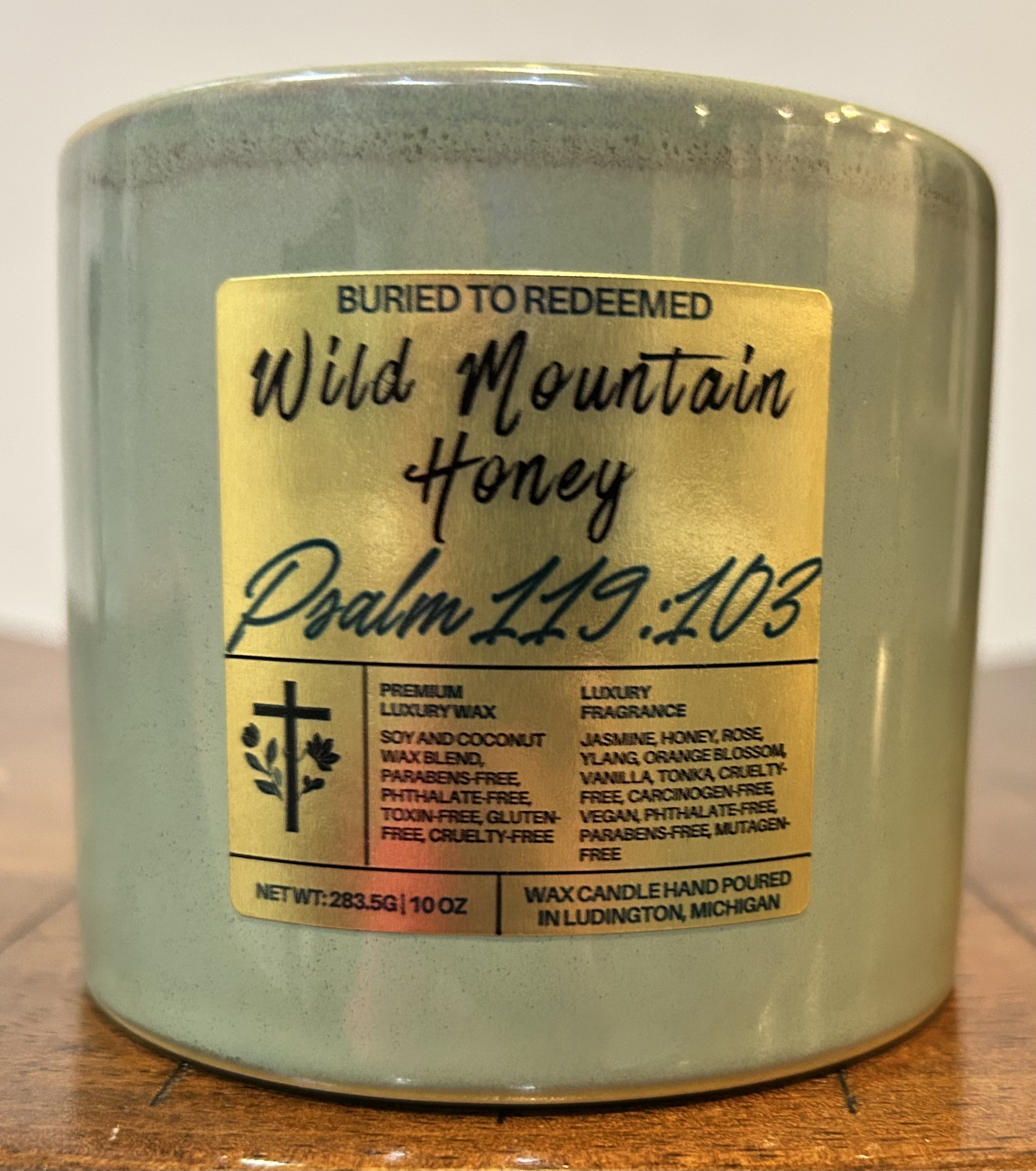 Catholic Bible Verse Candle Wild Mountain Honey - Psalm 119:103 - 10 oz - Green - Premium USA Ingredients