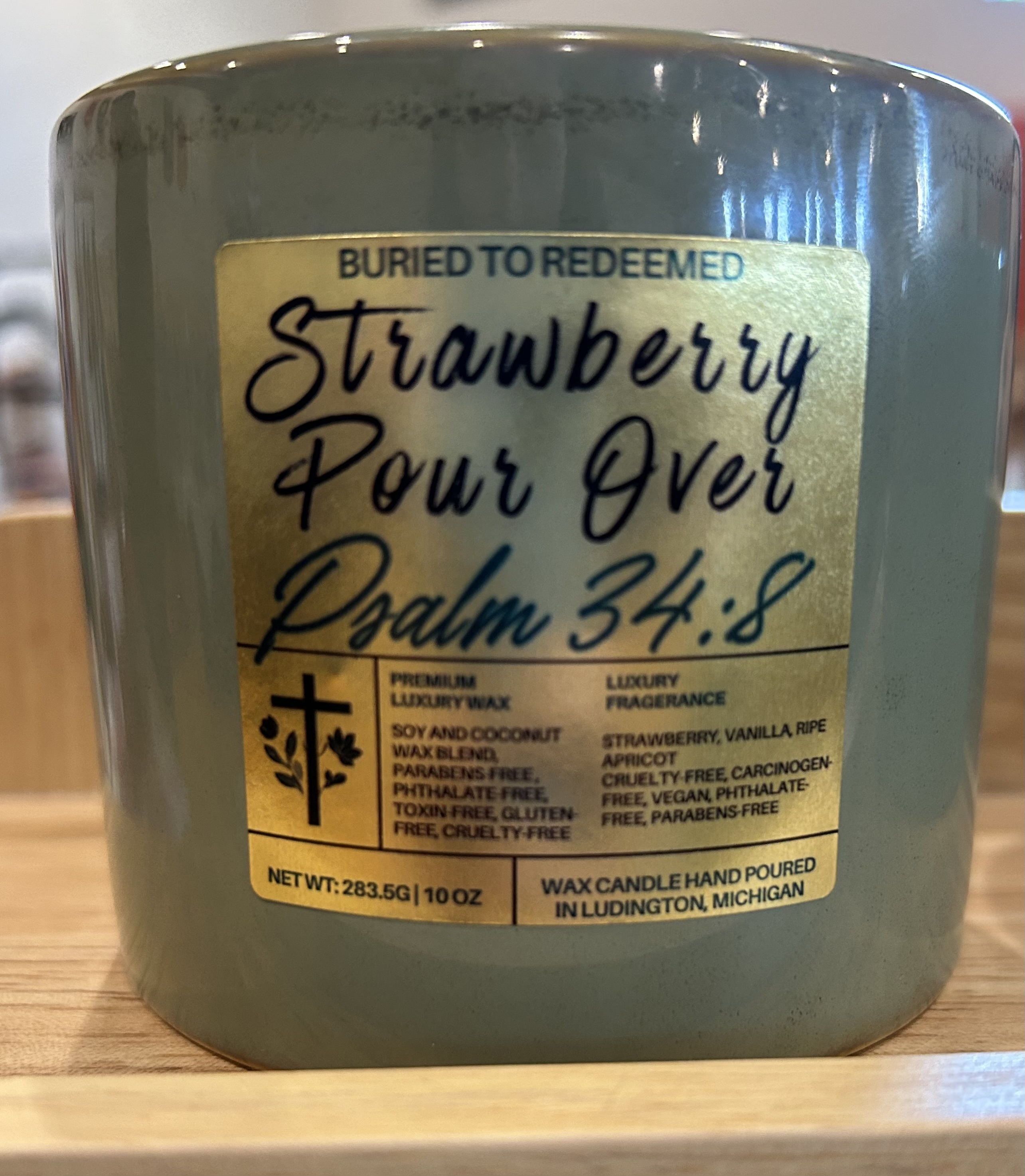 Bible Verse Coconut Soy Strawberry Pour Over Scented Candle - Psalm 34:8 - 10 oz - Hand Poured in Michigan with Quality USA Ingredients