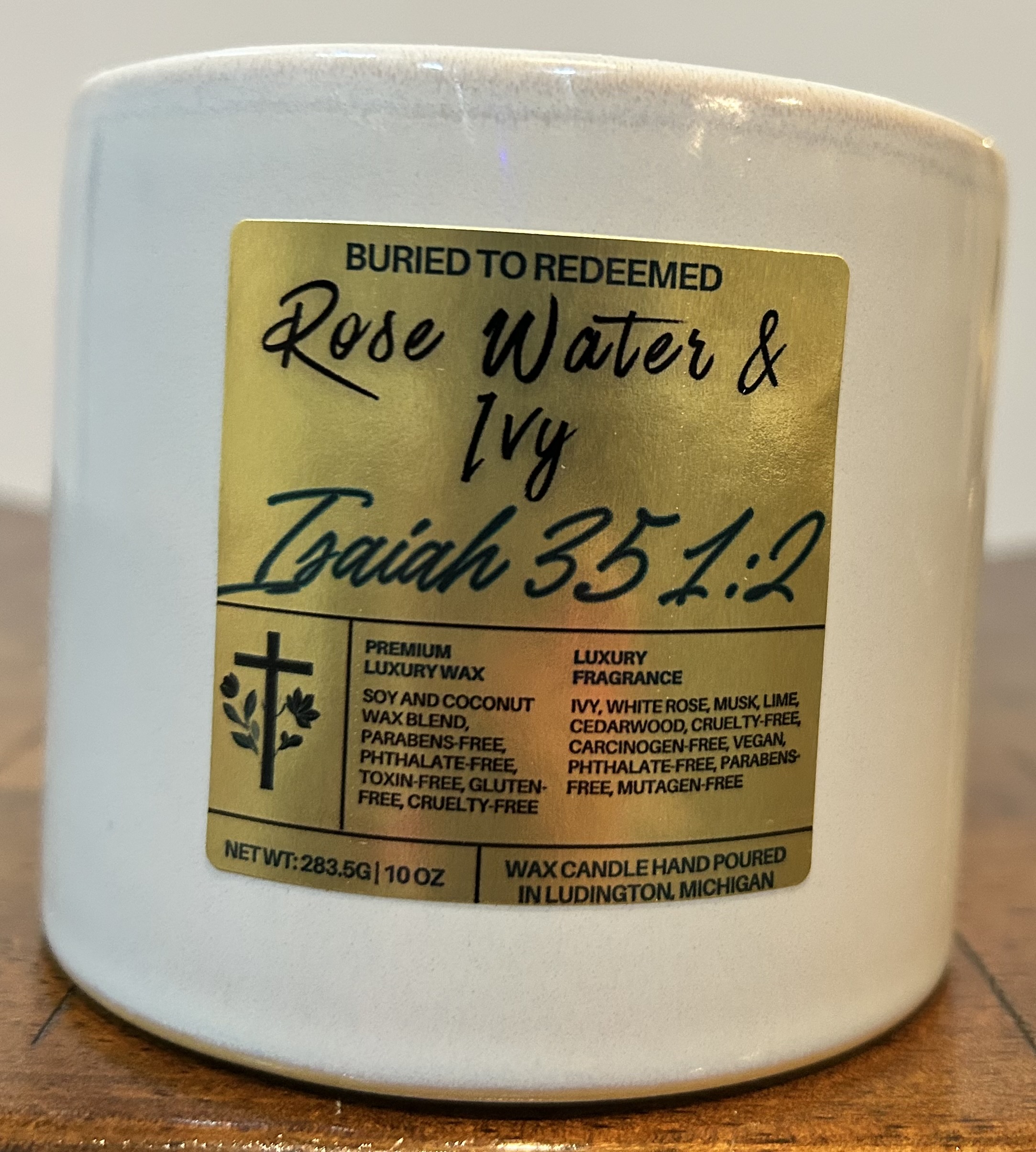 Catholic Bible Verse Candle Rose Water & Ivy - Isaiah 35:1-2 - 10 oz - Creamy White - Premium USA Ingredients