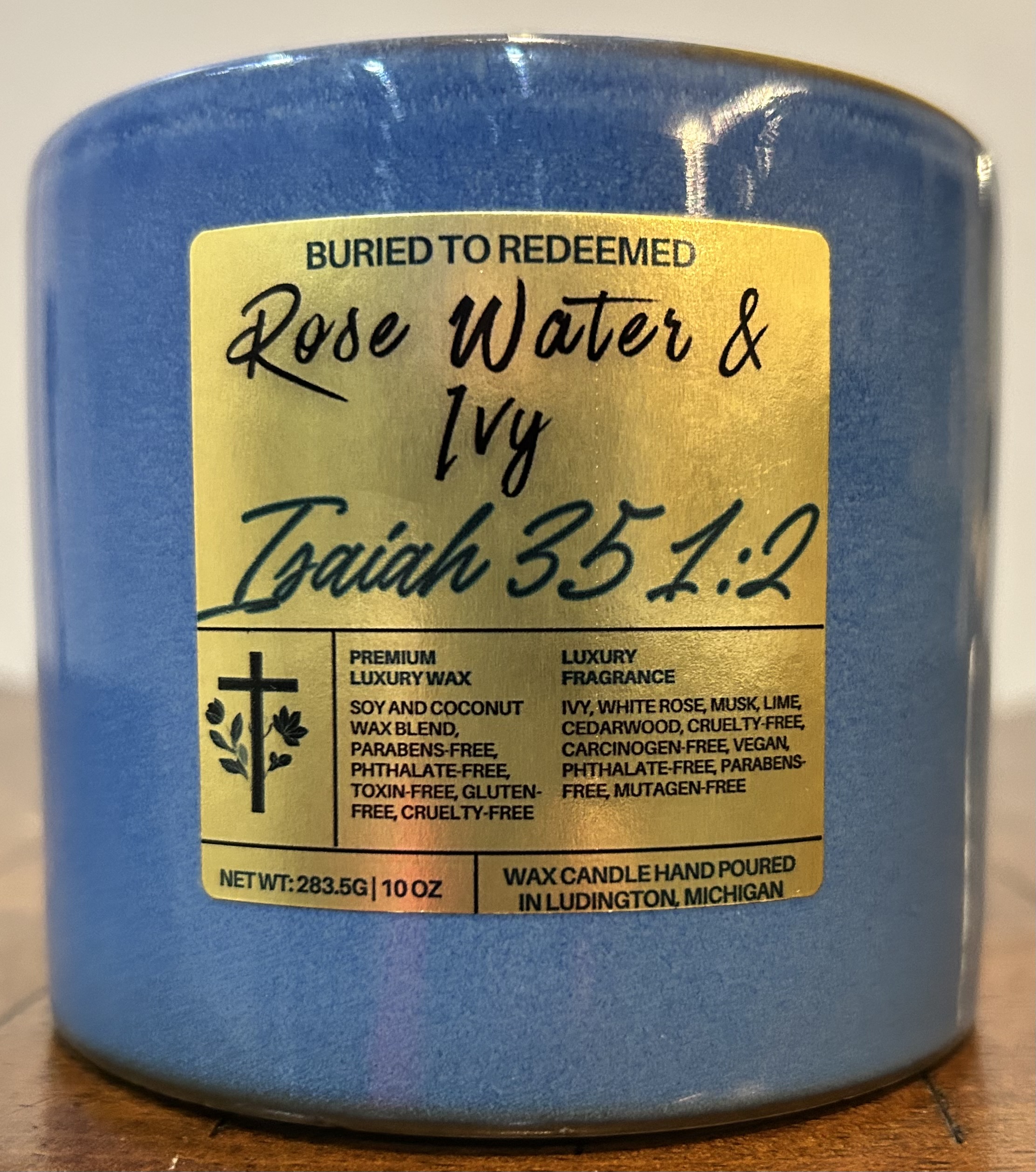 Catholic Bible Verse Candle Rose Water & Ivy - Isaiah 35:1-2 - 10 oz - Dark Blue - Premium USA Ingredients