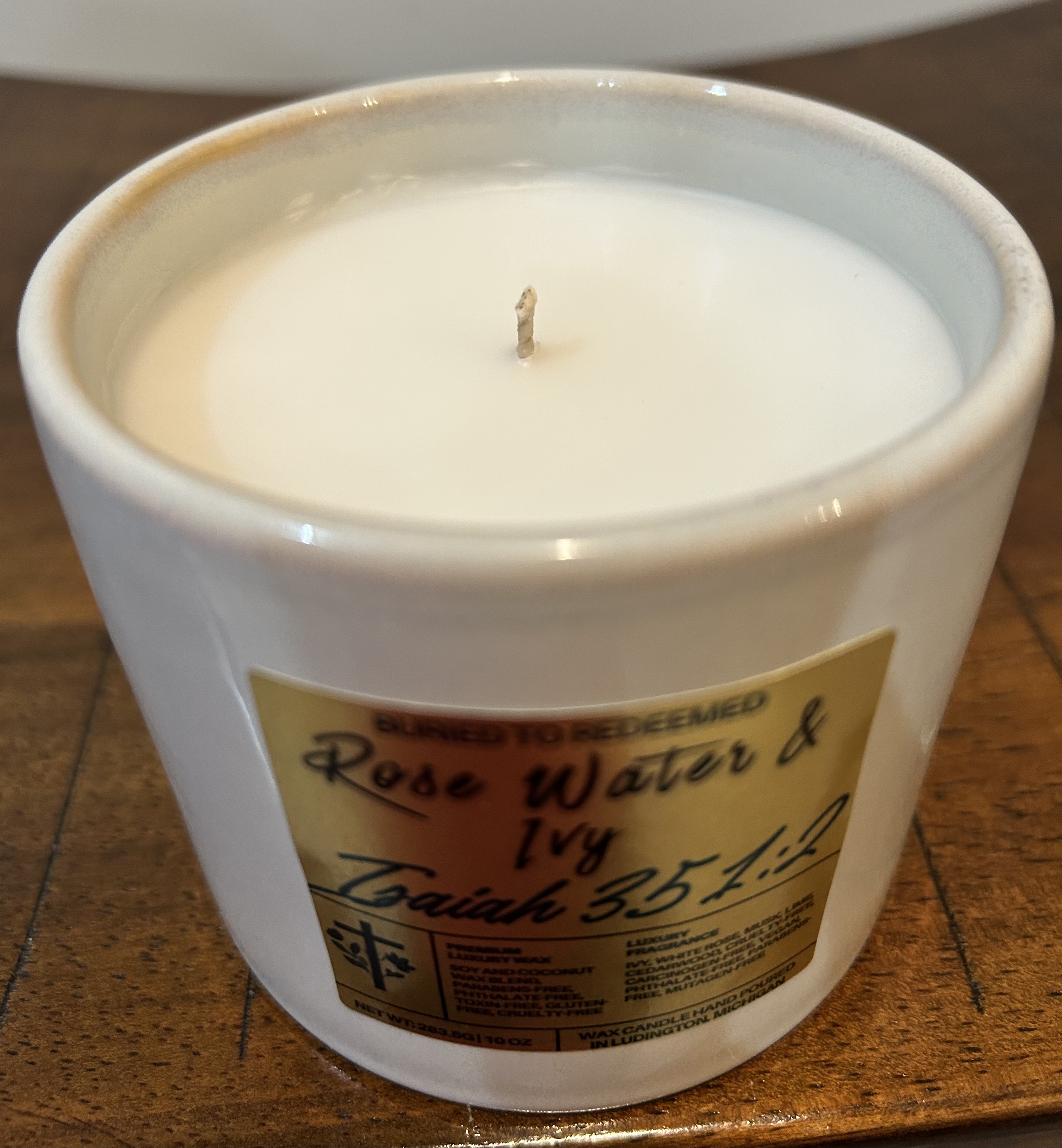 Catholic Bible Verse Candle Rose Water & Ivy - Isaiah 35:1-2 - 10 oz - Creamy White - Premium USA Ingredients