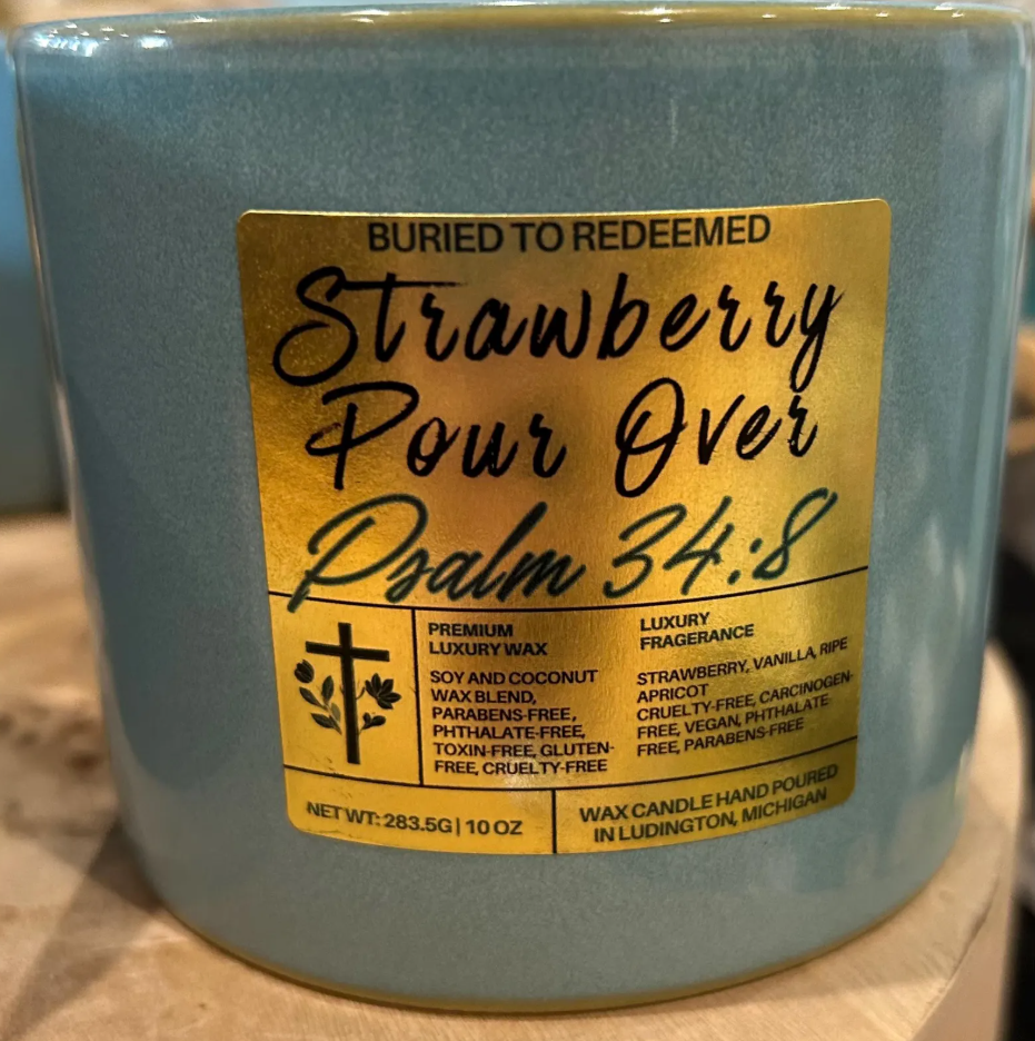 Bible Verse Coconut Soy Strawberry Pour Over Scented Candle - Psalm 34:8 - 10 oz - Hand Poured in Michigan with Quality USA Ingredients