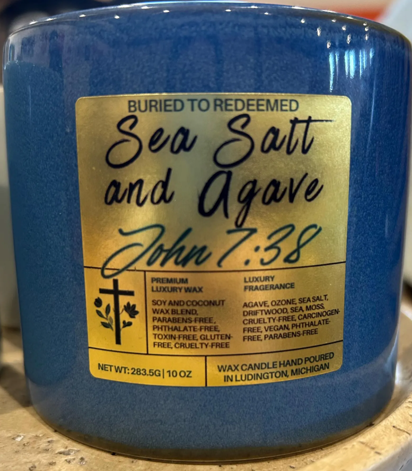 Bible Verse Coconut Soy Sea Salt and Agave Scented Candle -John 7:38 -10 oz - Hand Poured in Michigan with Quality USA Ingredients